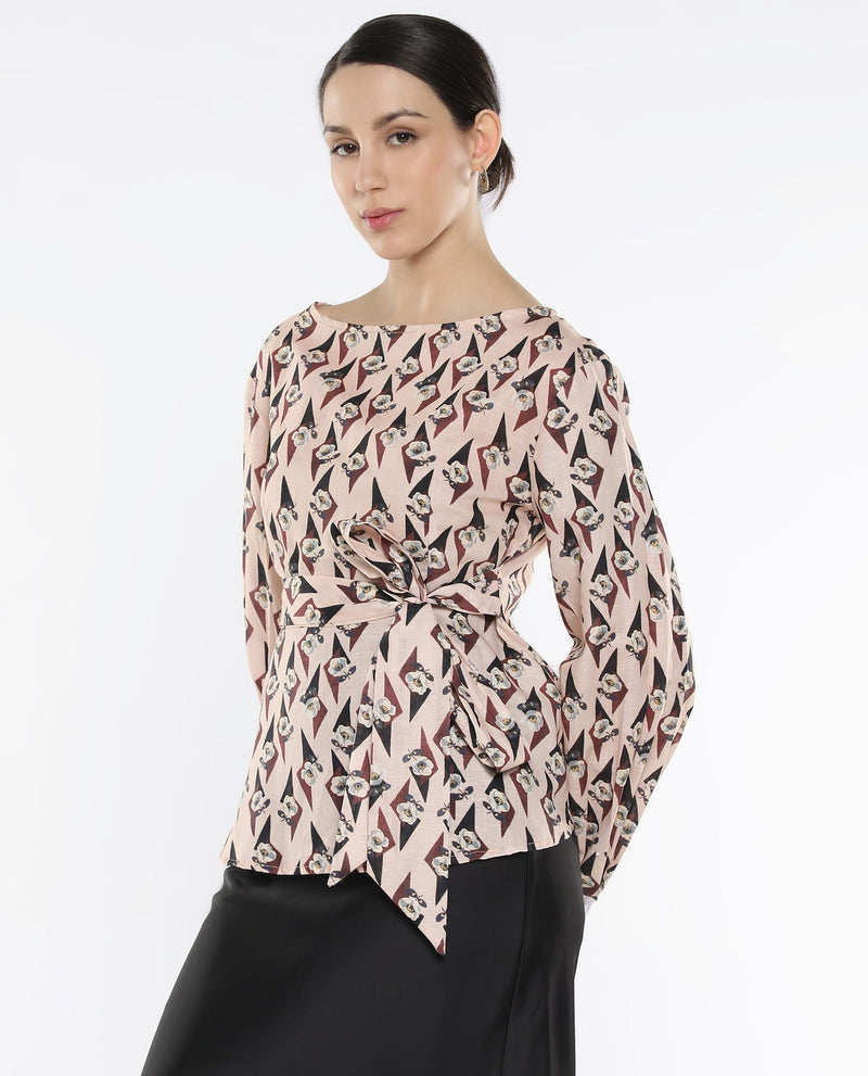 Rareism Women Cosenza Multi Bishop Sleeve Boat Neck Button Floral Print Top