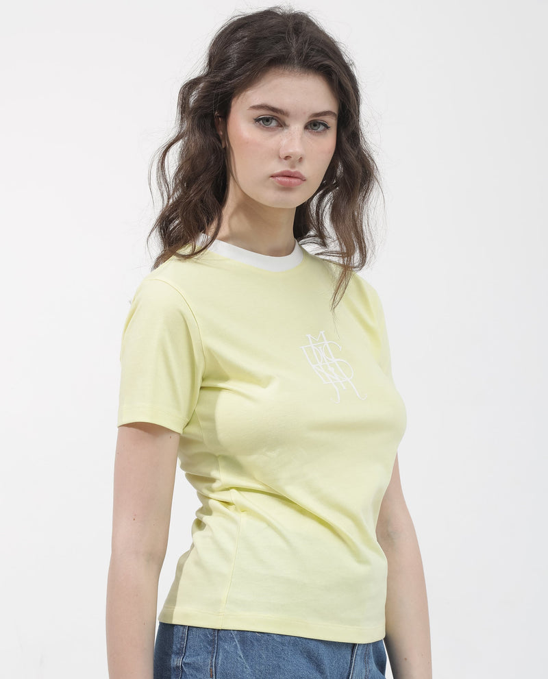 Rareism Women Cosme Yellow Cotton Poly Fabric Short Sleeve Crew Neck Solid T-Shirt