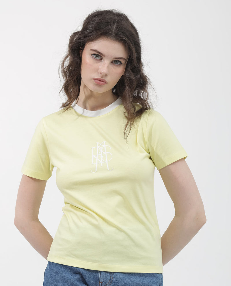 Rareism Women Cosme Yellow Cotton Poly Fabric Short Sleeve Crew Neck Solid T-Shirt