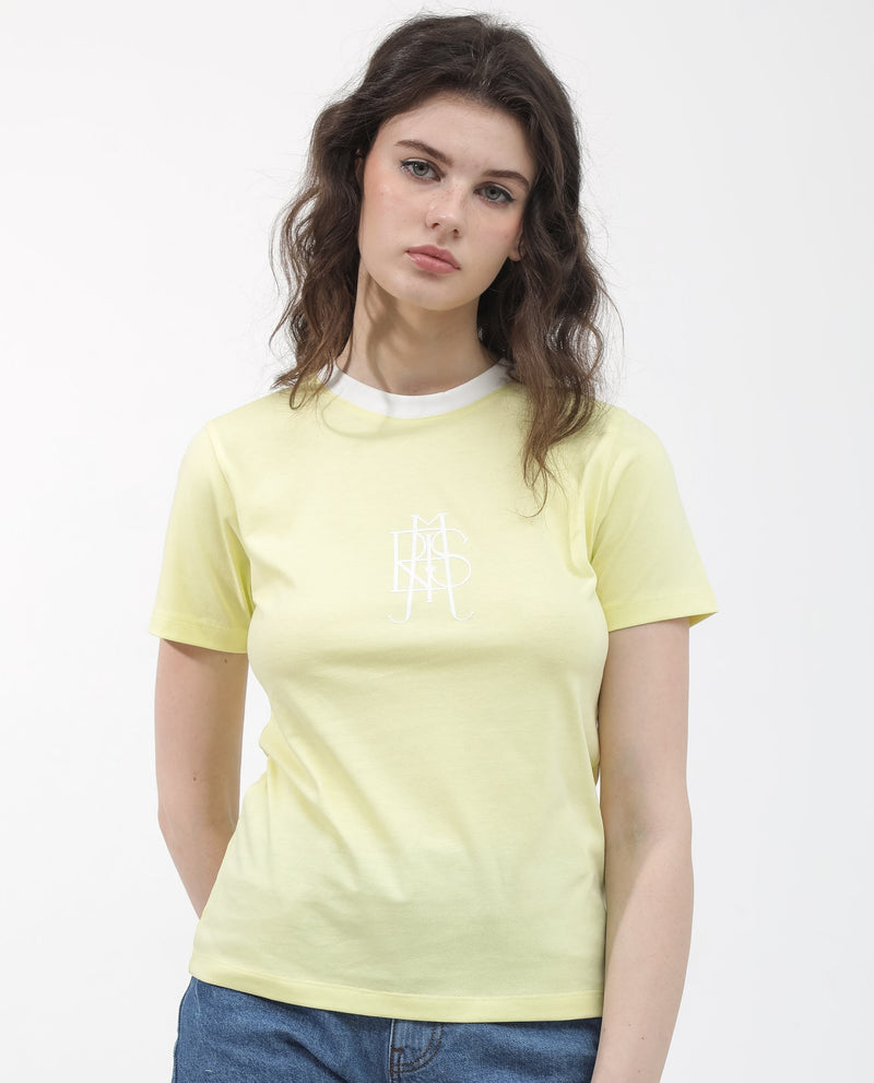 Rareism Women Cosme Yellow Cotton Poly Fabric Short Sleeve Crew Neck Solid T-Shirt