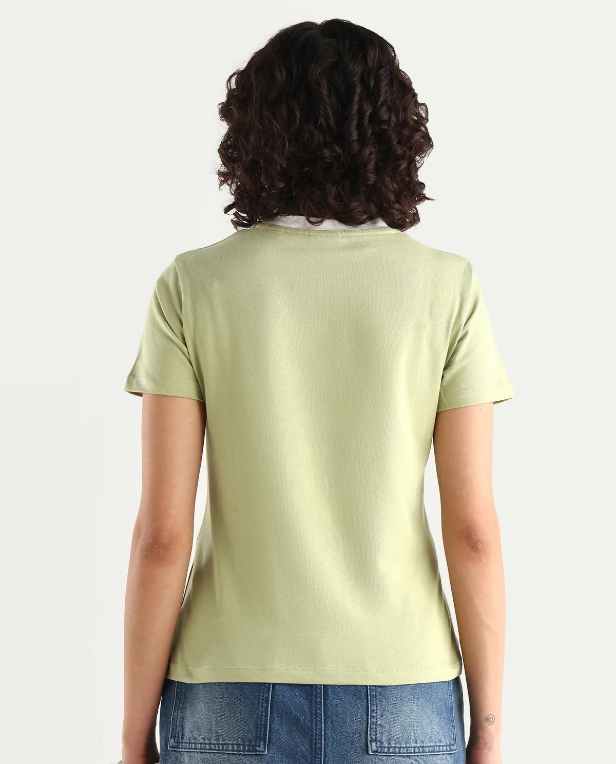 Rareism Women's Cosme Light Green Cotton Blend Crew Neck Graphic Print Regular Fit T-Shirt