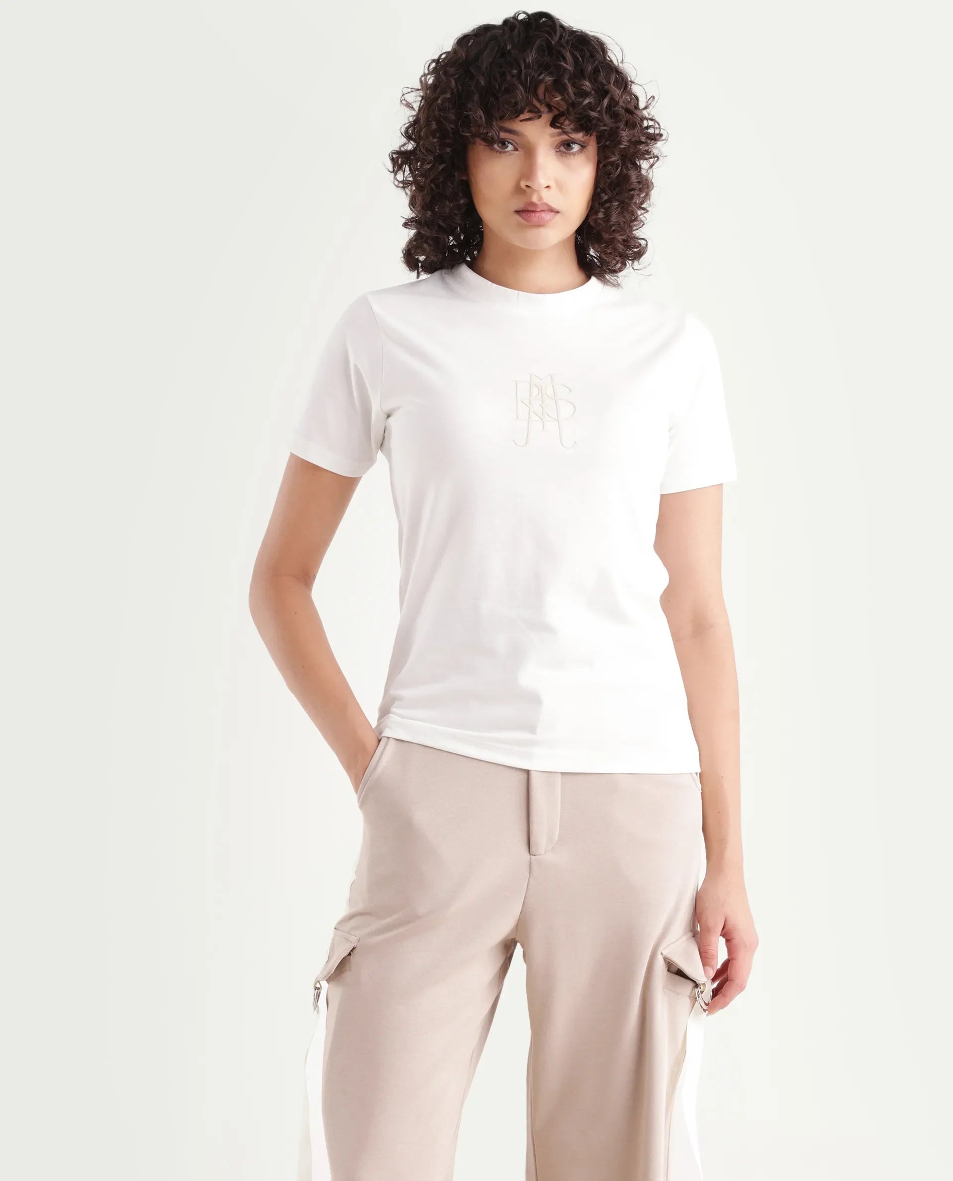 Rareism Women's Cosme Off White Cotton Blend Crew Neck Graphic Print Regular Fit T-Shirt