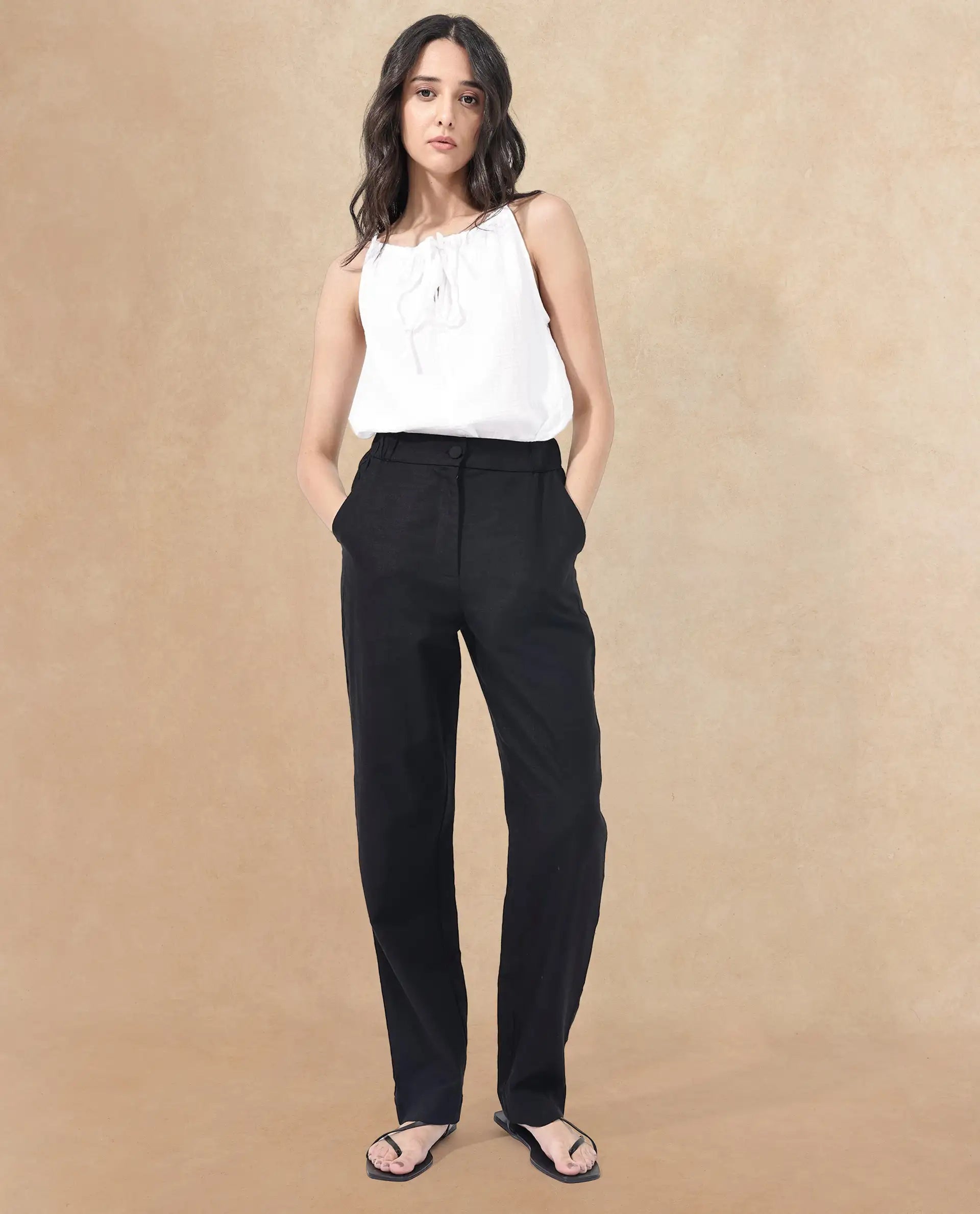 Rareism Women's Costa-B Black Linen Plain Ankle Length Tapered Trouser