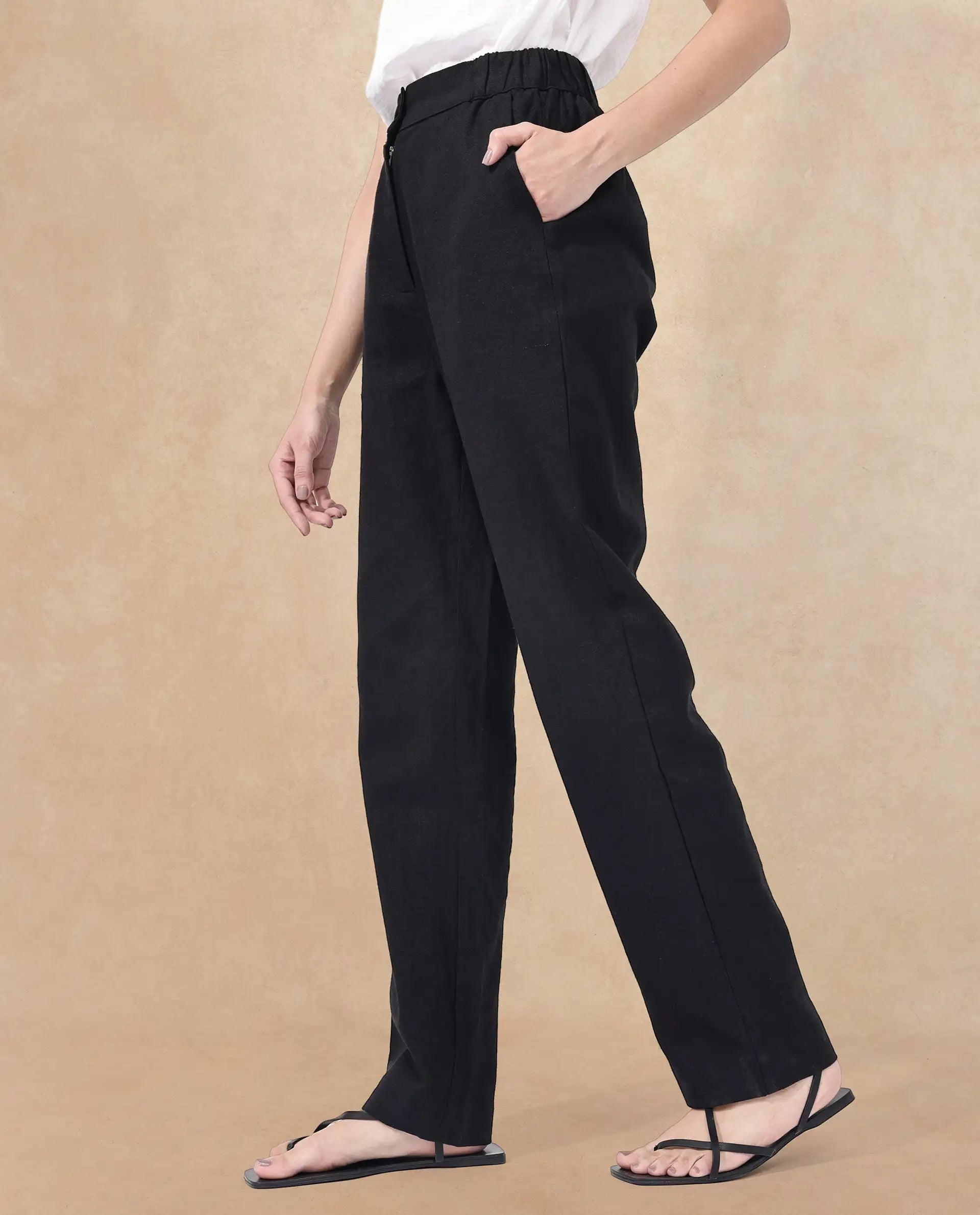 Rareism Women's Costa-B Black Linen Plain Ankle Length Tapered Trouser