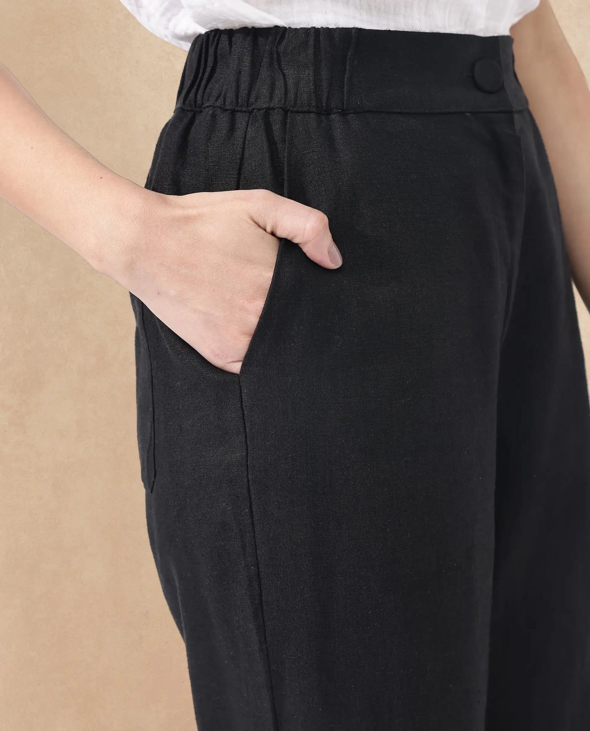 Rareism Women's Costa-B Black Linen Plain Ankle Length Tapered Trouser