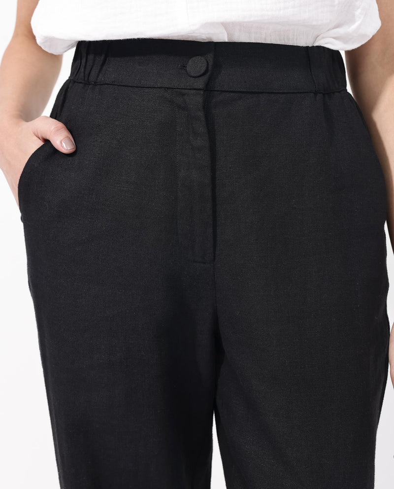 Rareism Women Costa-B Black Cotton Linen Fabric Regular Length Trouser