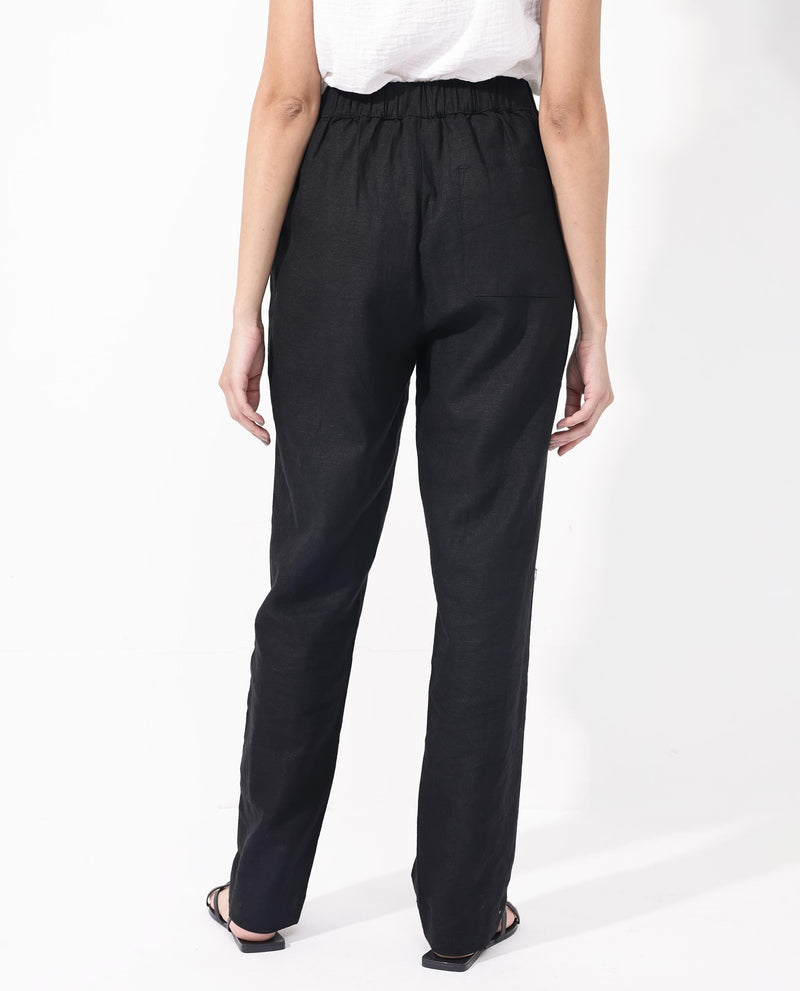 Rareism Women Costa-B Black Cotton Linen Fabric Regular Length Trouser