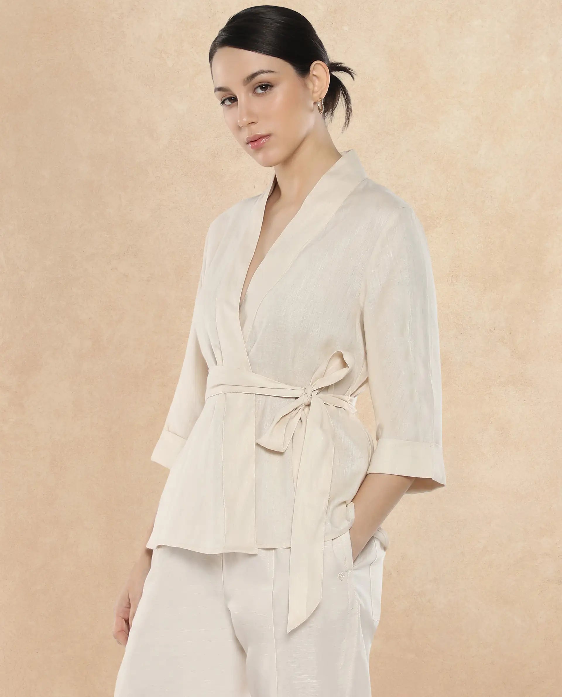 Rareism Women Costa-T Light Beige Cotton Linen Fabric Regular Sleeves Collared Neck Solid Regular Length Top