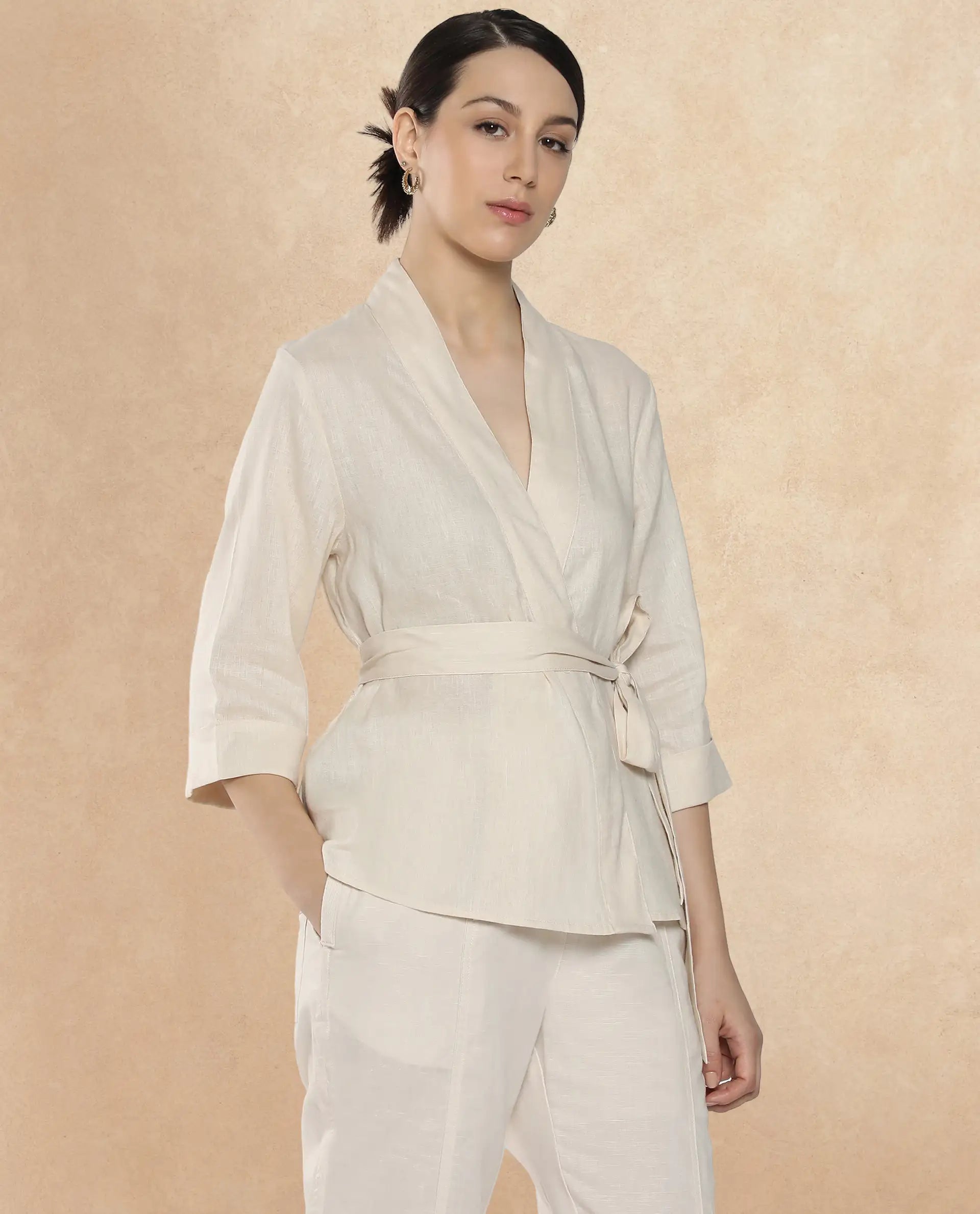 Rareism Women Costa-T Light Beige Cotton Linen Fabric Regular Sleeves Collared Neck Solid Regular Length Top