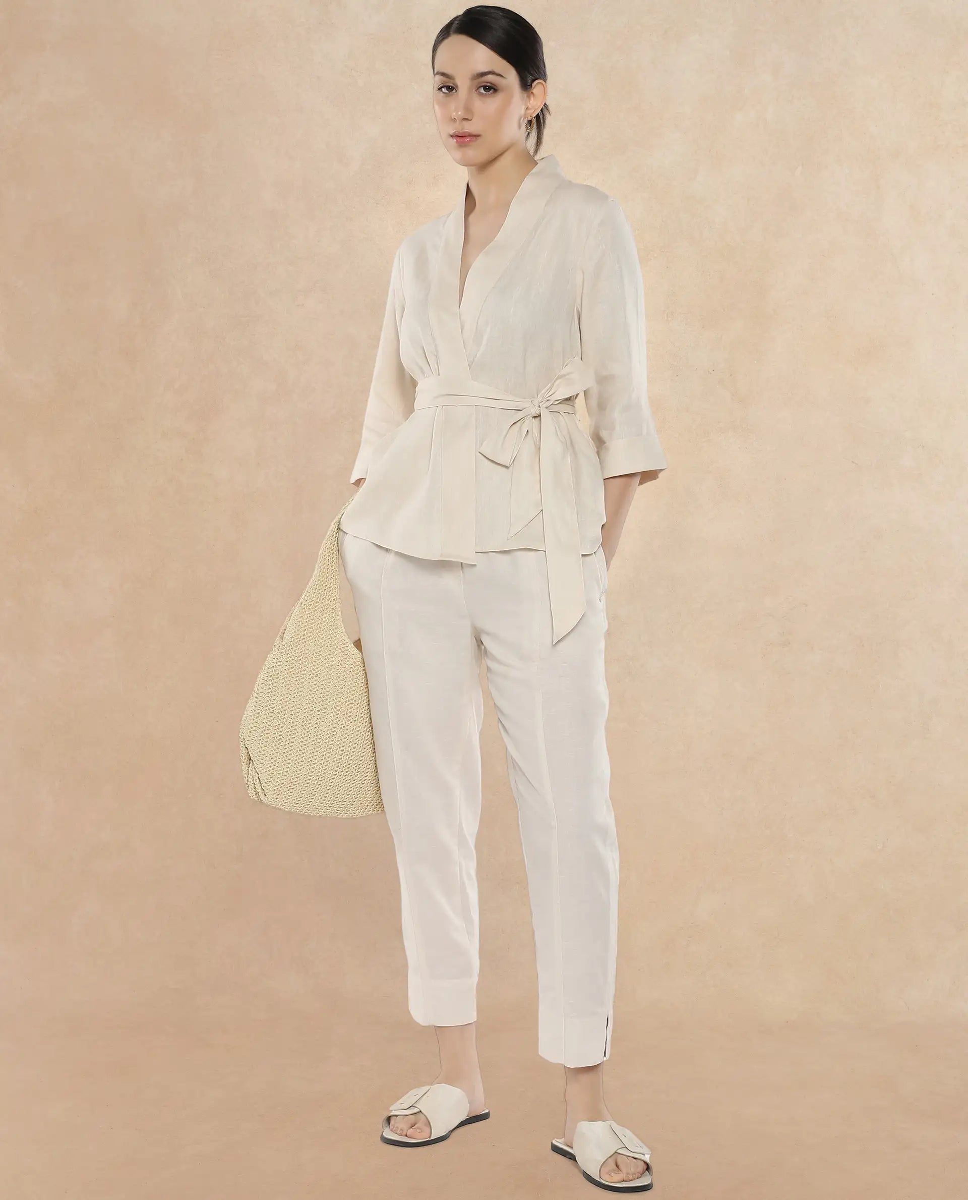 Rareism Women Costa-T Light Beige Cotton Linen Fabric Regular Sleeves Collared Neck Solid Regular Length Top