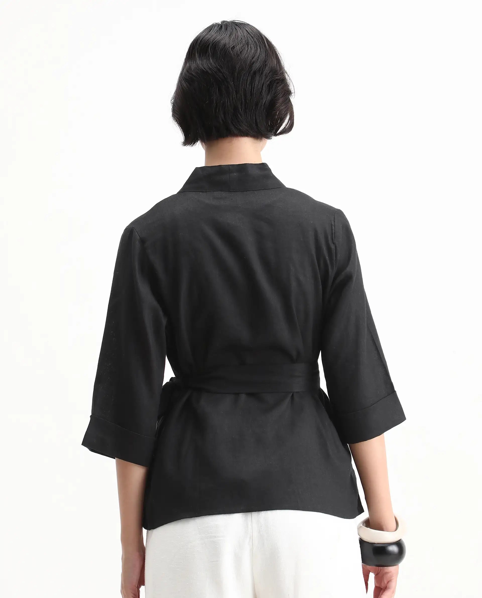 Rareism Women's Costa-T Black Cotton Blend Overlap Neck Plain Regular Fit Top