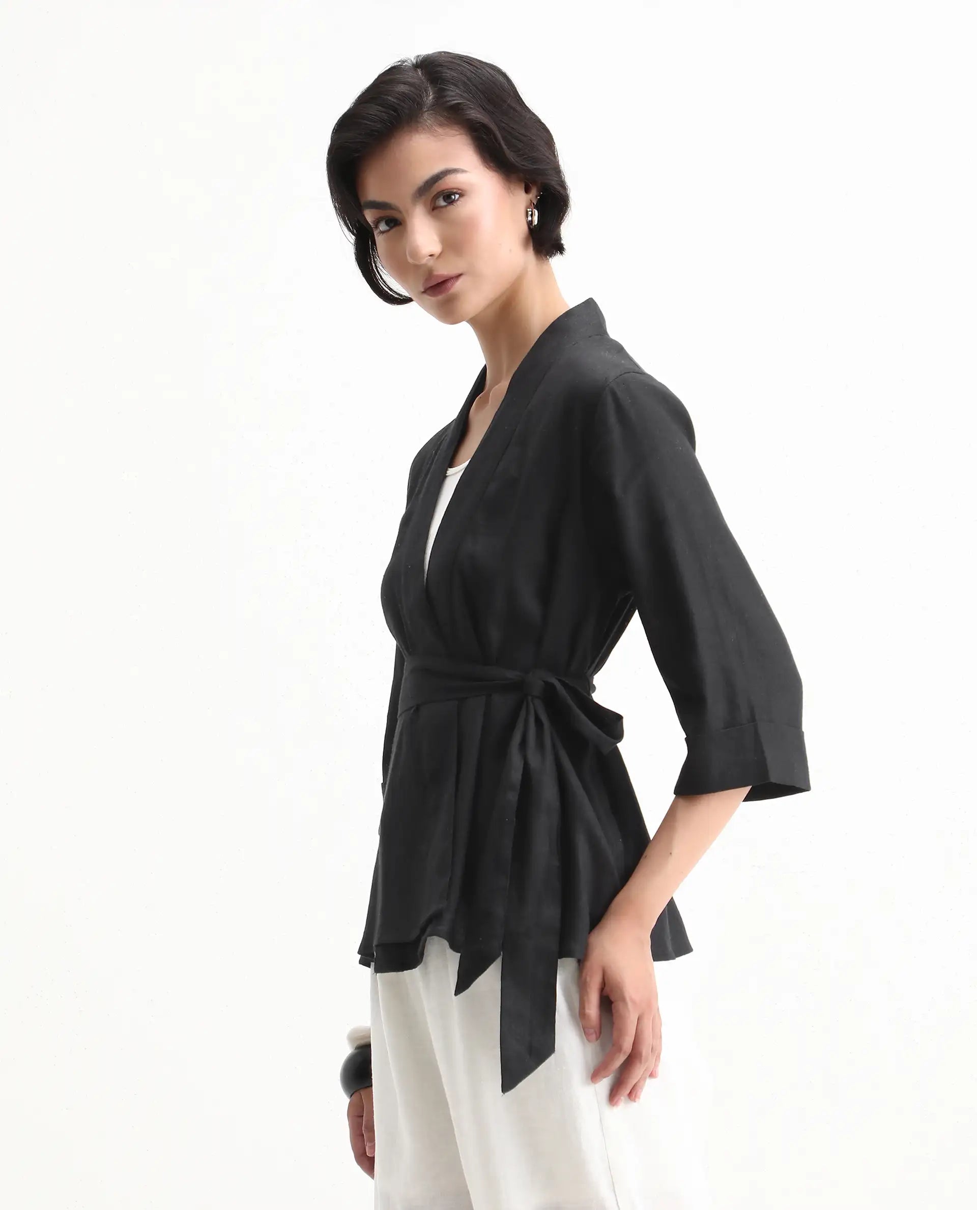 Rareism Women's Costa-T Black Cotton Blend Overlap Neck Plain Regular Fit Top