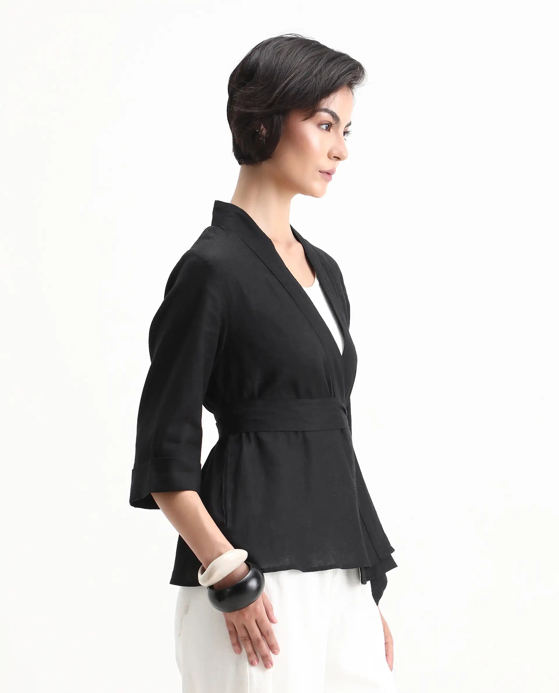 Rareism Women's Costa-T Black Cotton Blend Overlap Neck Plain Regular Fit Top