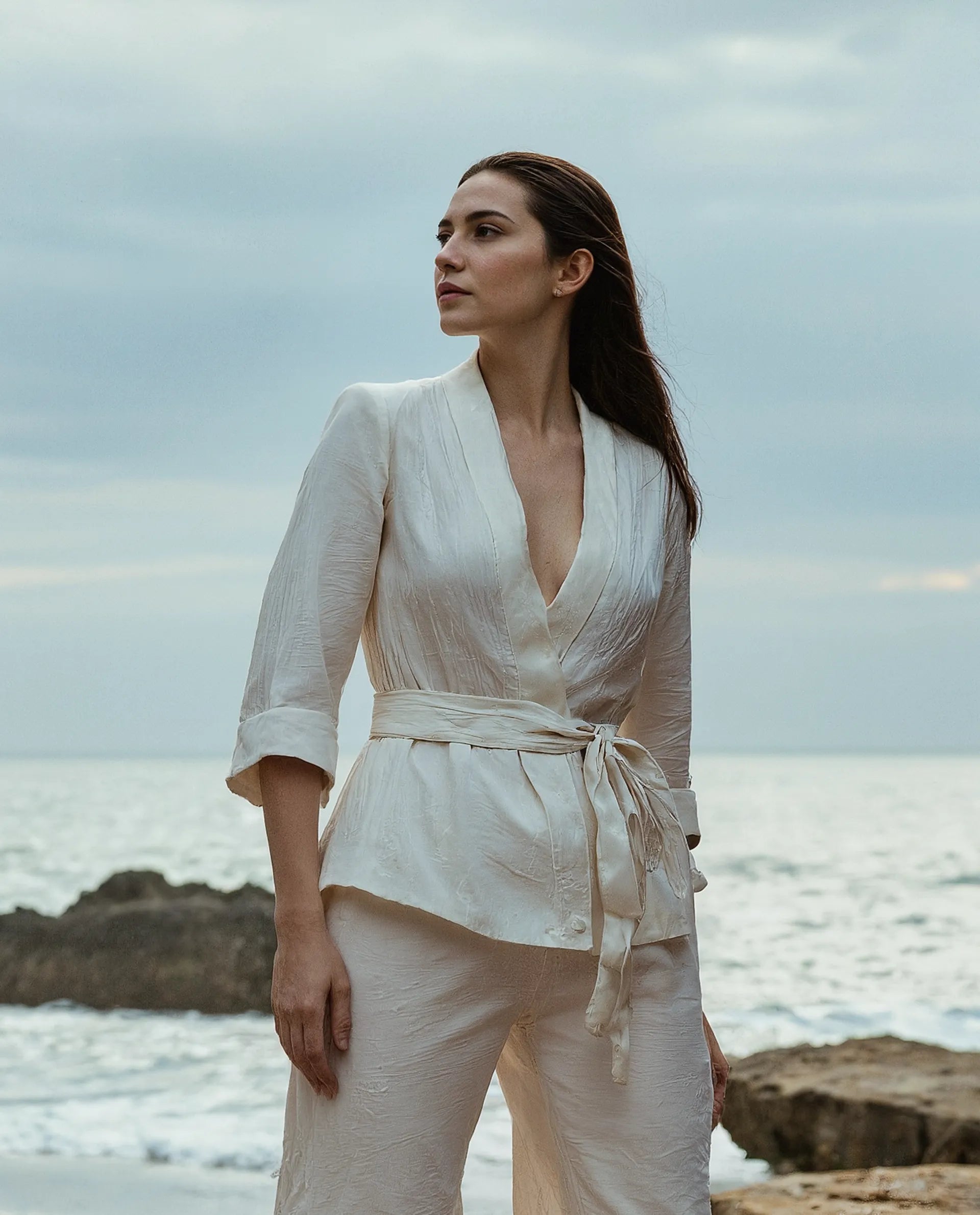 Rareism Women's Costa-T Light Beige Cotton Blend Overlap Neck Plain Regular Fit Top