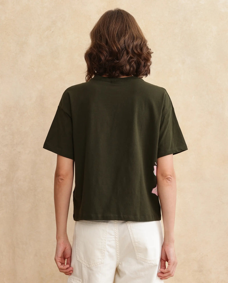 Rareism Women Couler Olive Cotton Lycra Fabric Short Sleeve Crew Neck Plain T-Shirt