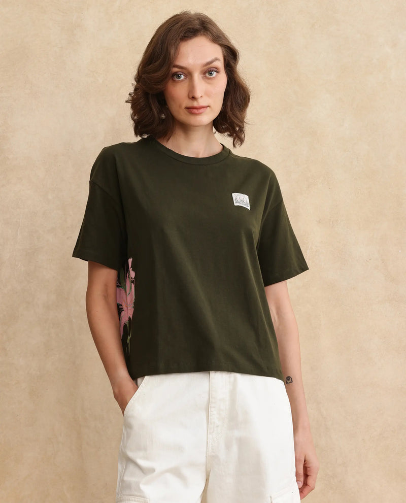 Rareism Women Couler Olive Cotton Lycra Fabric Short Sleeve Crew Neck Plain T-Shirt