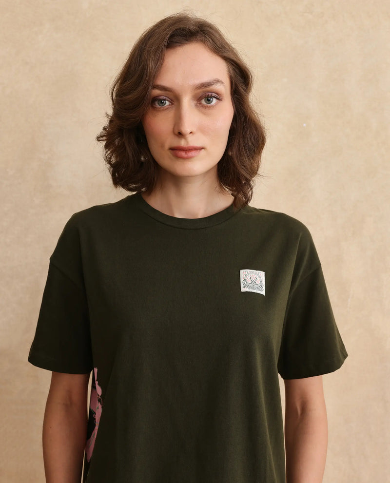 Rareism Women Couler Olive Cotton Lycra Fabric Short Sleeve Crew Neck Plain T-Shirt