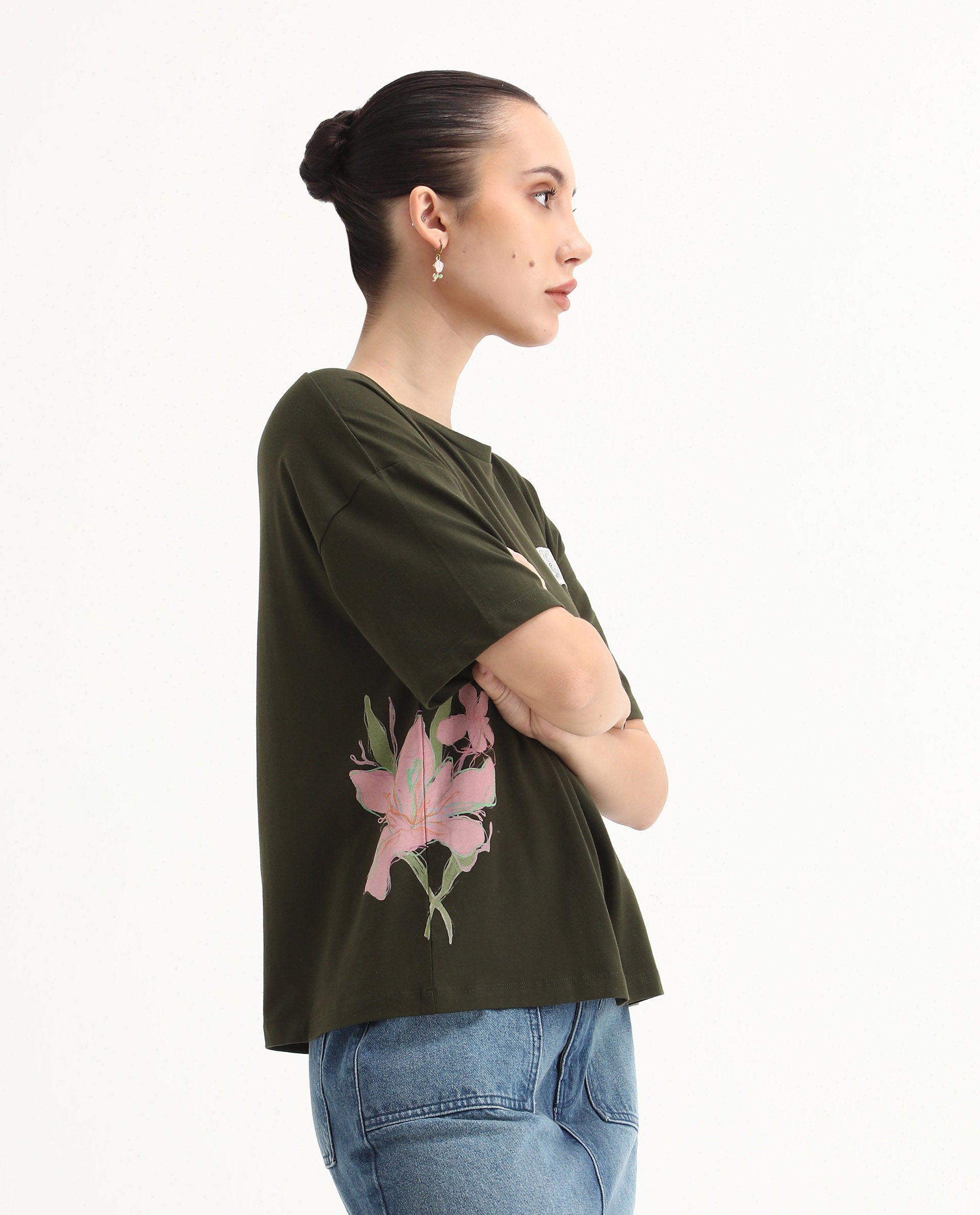 Rareism Women's Couler Olive Cotton Blend Crew Neck Graphic Print Relaxed Fit T-Shirt