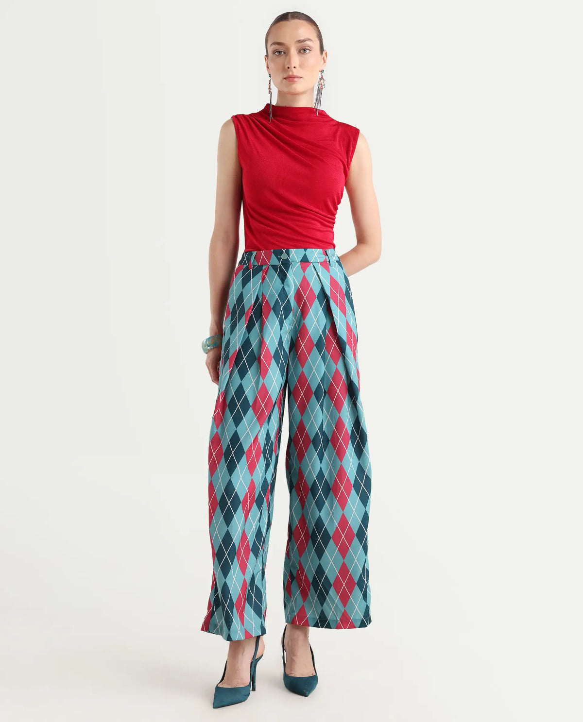 Rareism Women's Creman Multi Polyester Blend Geometric Print Ankle Length Wide Trouser