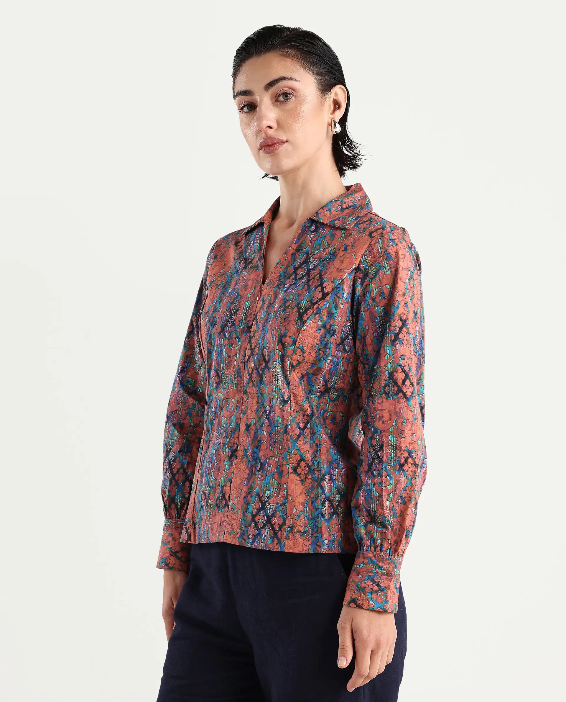 Rareism Women's Cremona Multi Cotton Johnny Collar Abstract Print Cuffed Sleeve Regular Fit Top