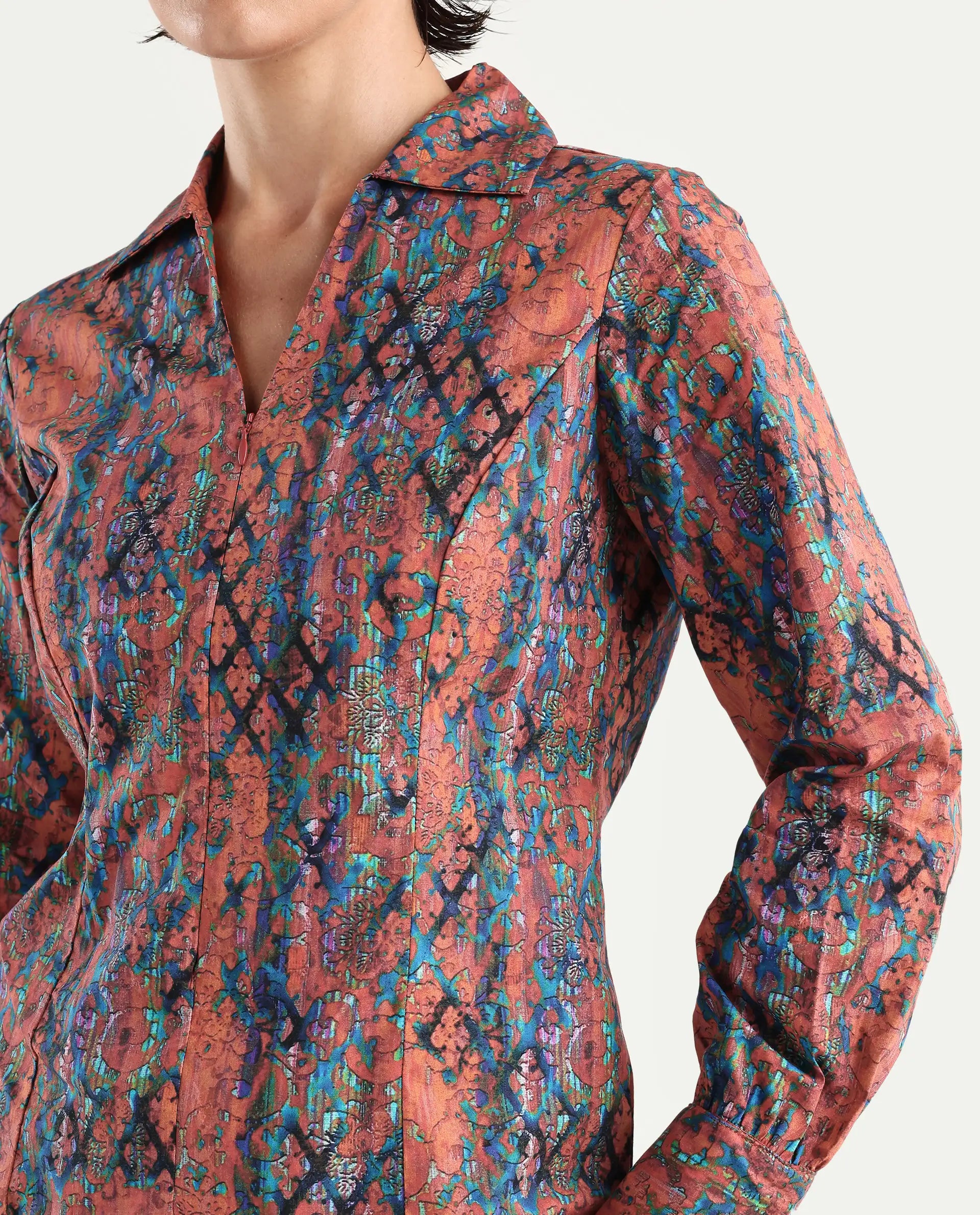 Rareism Women's Cremona Multi Cotton Johnny Collar Abstract Print Cuffed Sleeve Regular Fit Top