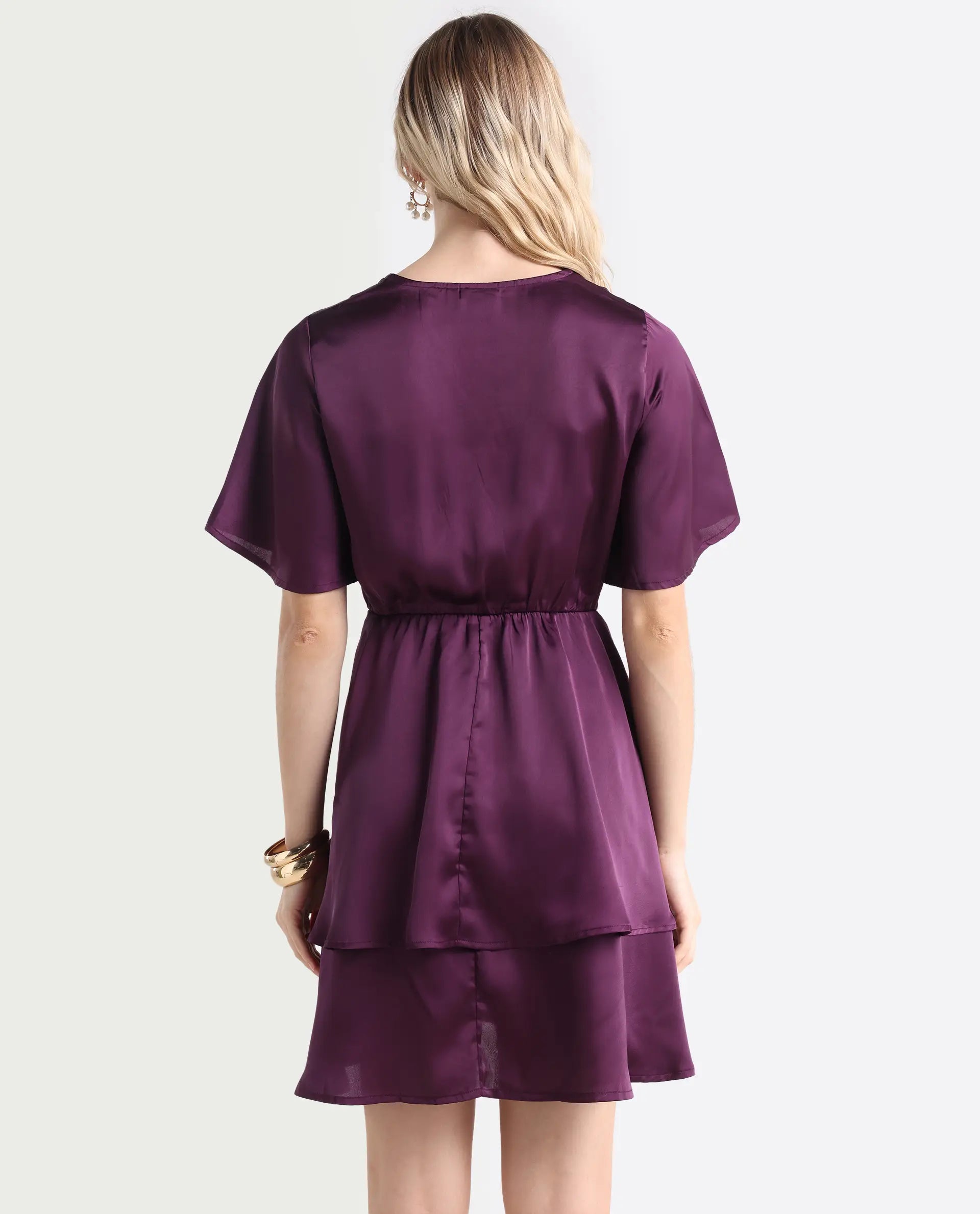 Rareism Women's Creola Dark Purple Polyester Overlap Neck Plain Mini Fit And Flare Dress