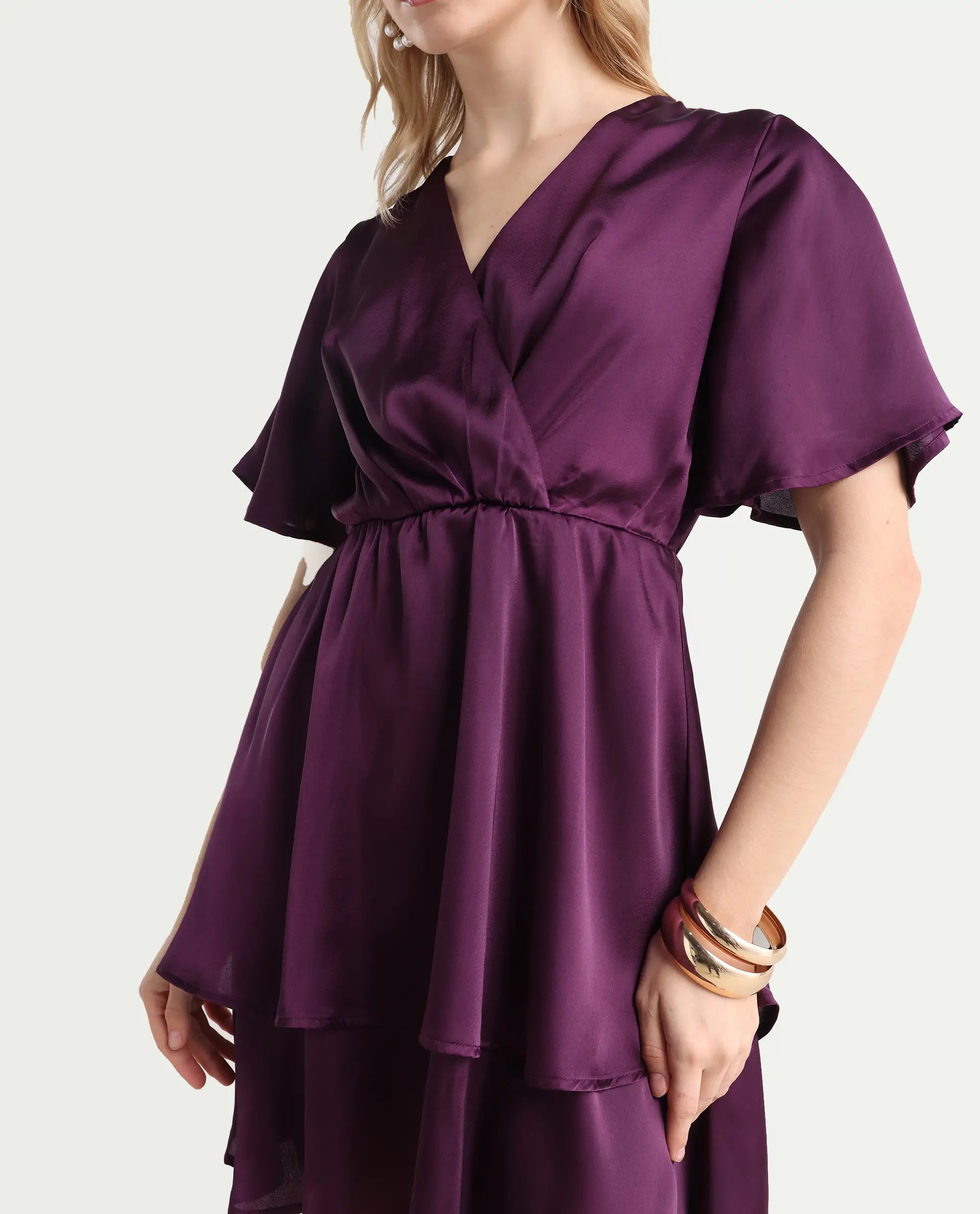 Rareism Women's Creola Dark Purple Polyester Overlap Neck Plain Mini Fit And Flare Dress