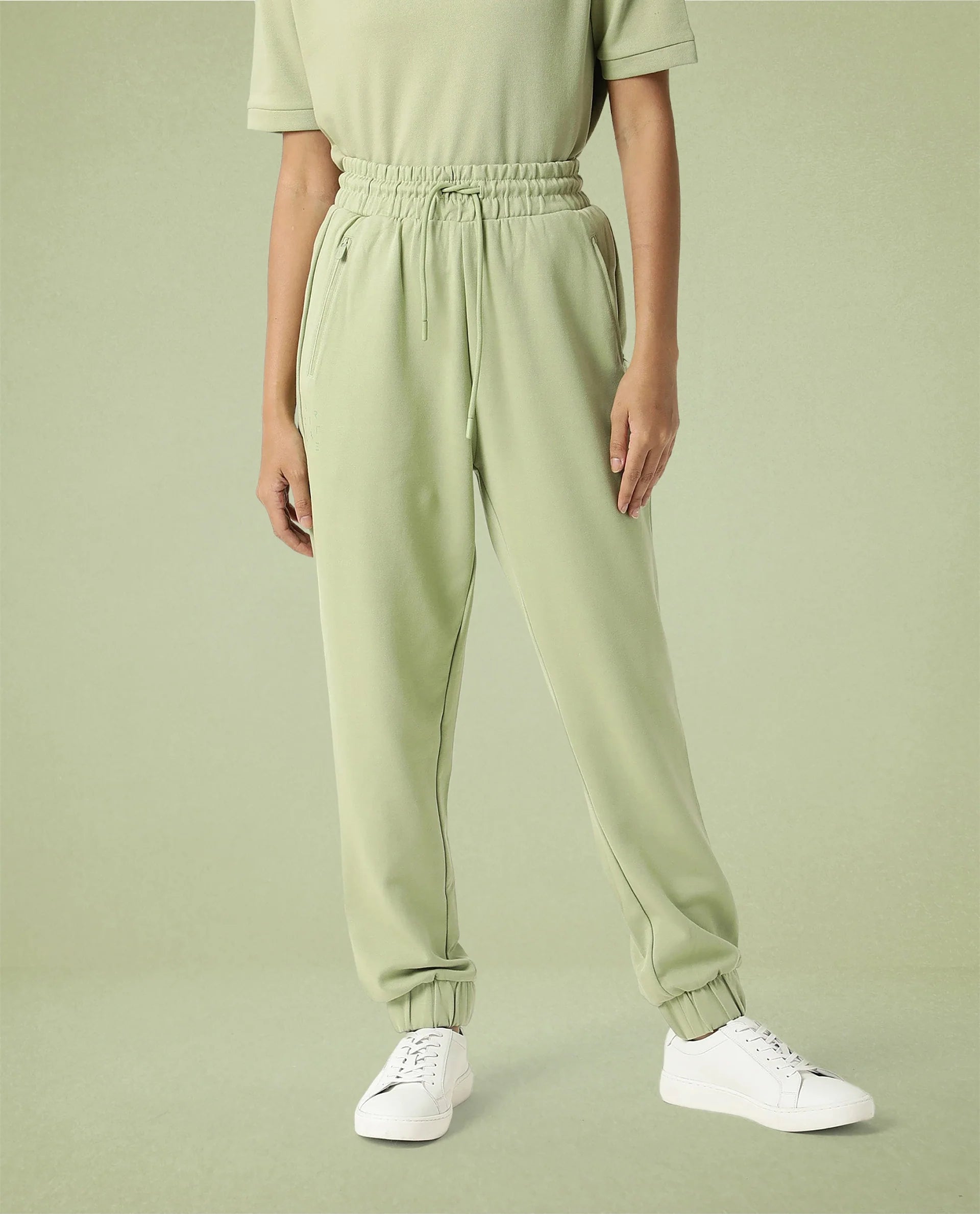 Rareism Women Creta Light Green Cotton Blend Fabric Relaxed Fit Solid Mid Rise Ankle Length Track Pant