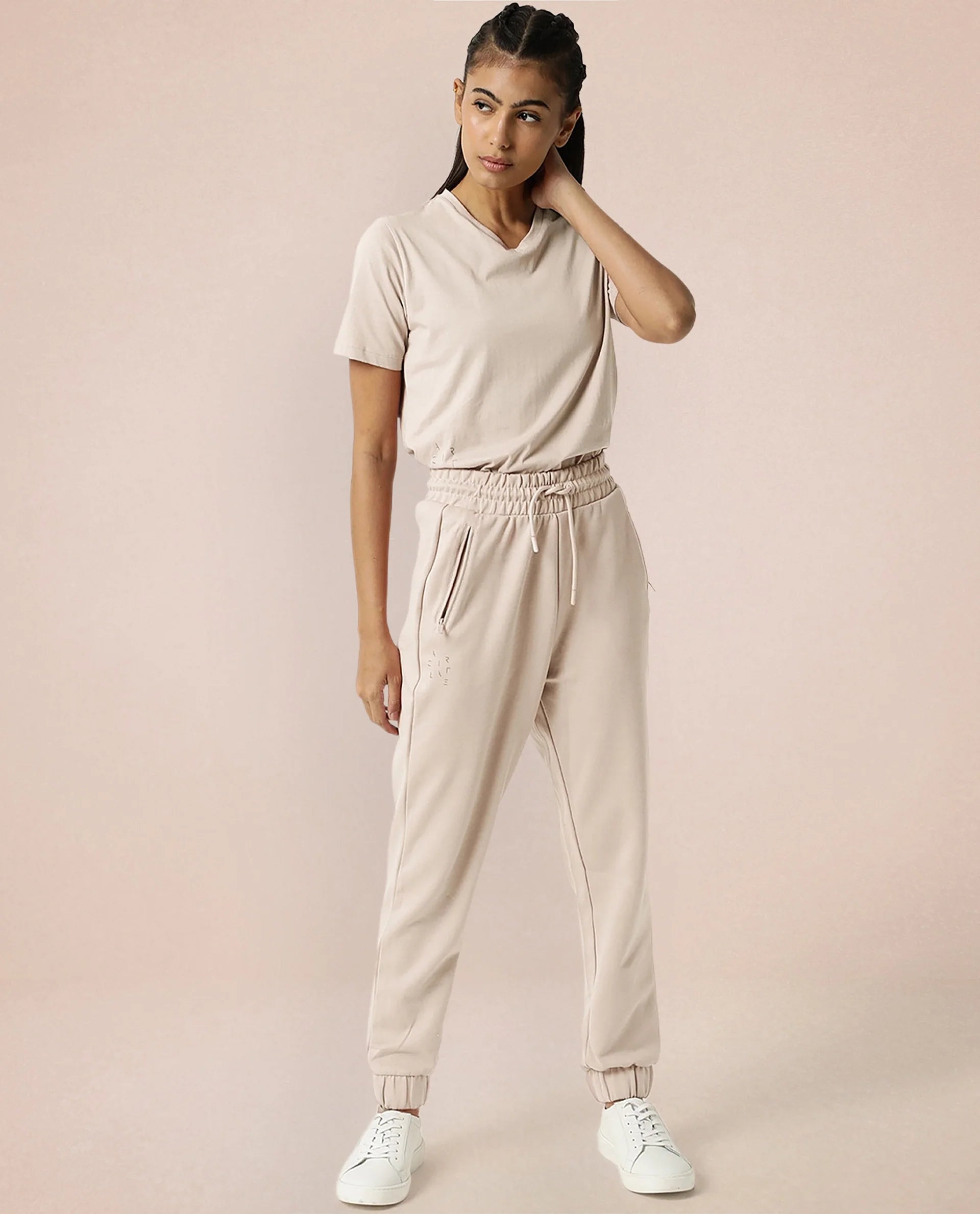 Rareism Women's Heavy Weight Interlock 340 Gsm Cotton Blend Plain Ankle Length Relaxed Fit Track Pant