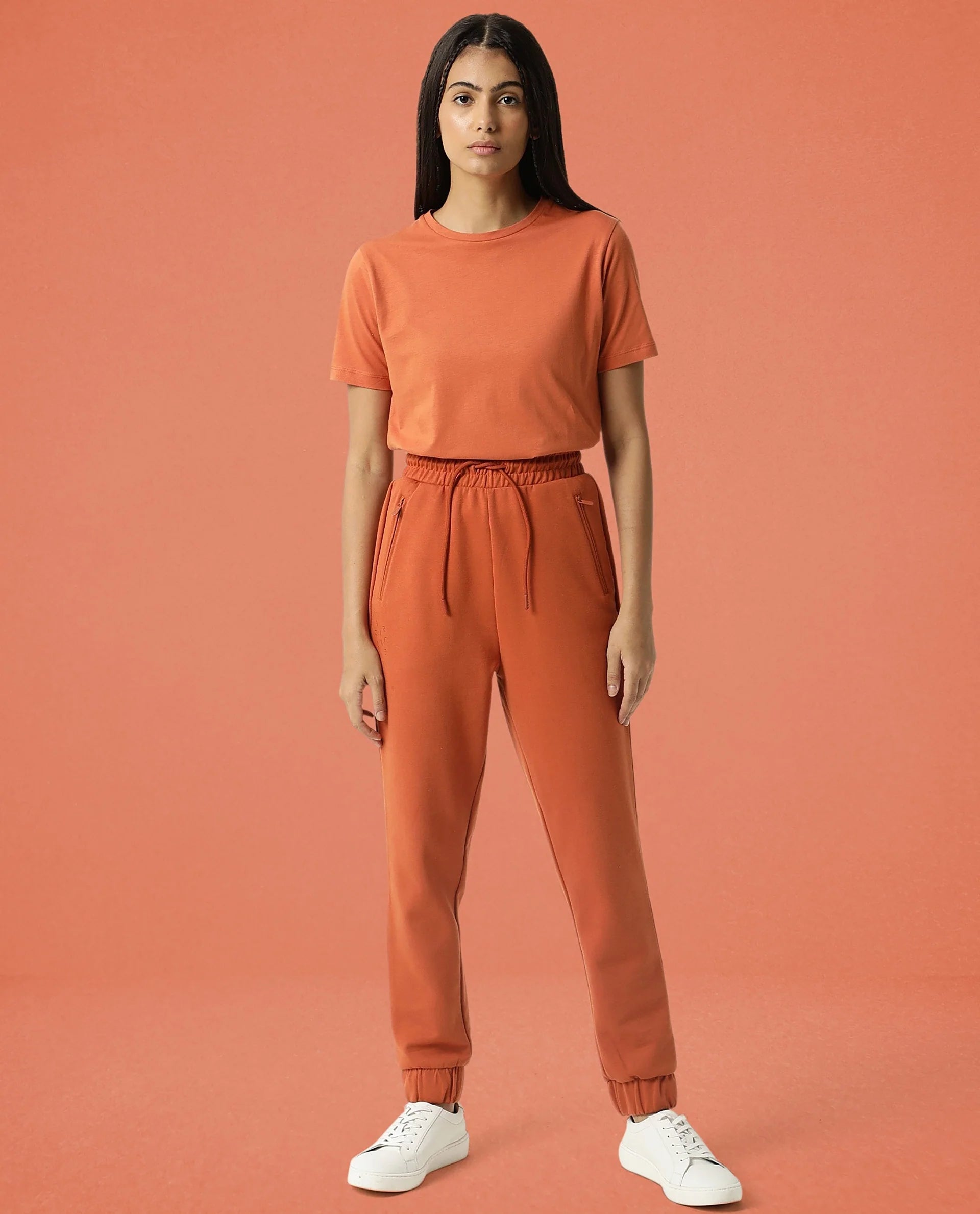 Rareism Women Creta Orange Cotton Blend Fabric Relaxed Fit Solid Mid Rise Ankle Length Track Pant
