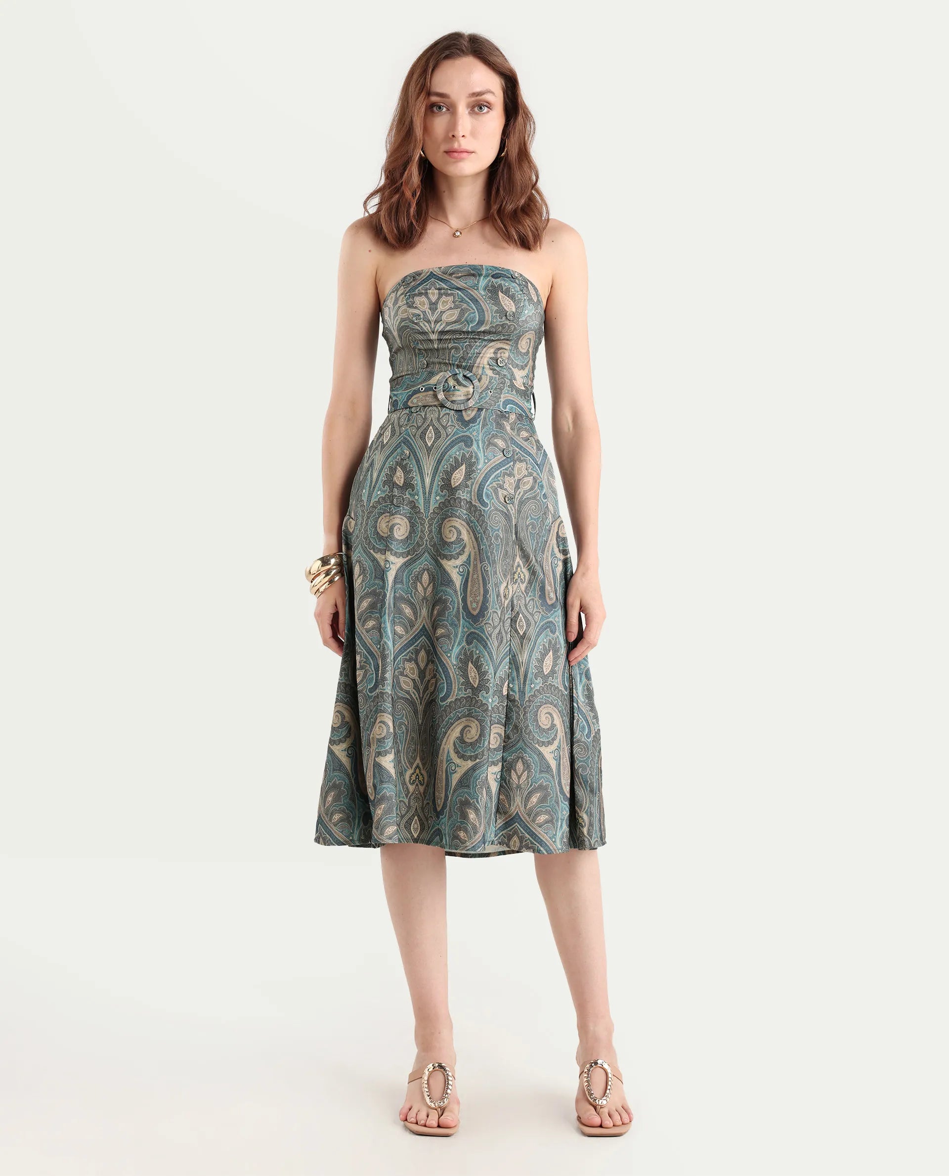 Rareism Women's Croati Multi Cotton Blend Tube Neck Paisley Print Sleeveless Midi Flared Dress