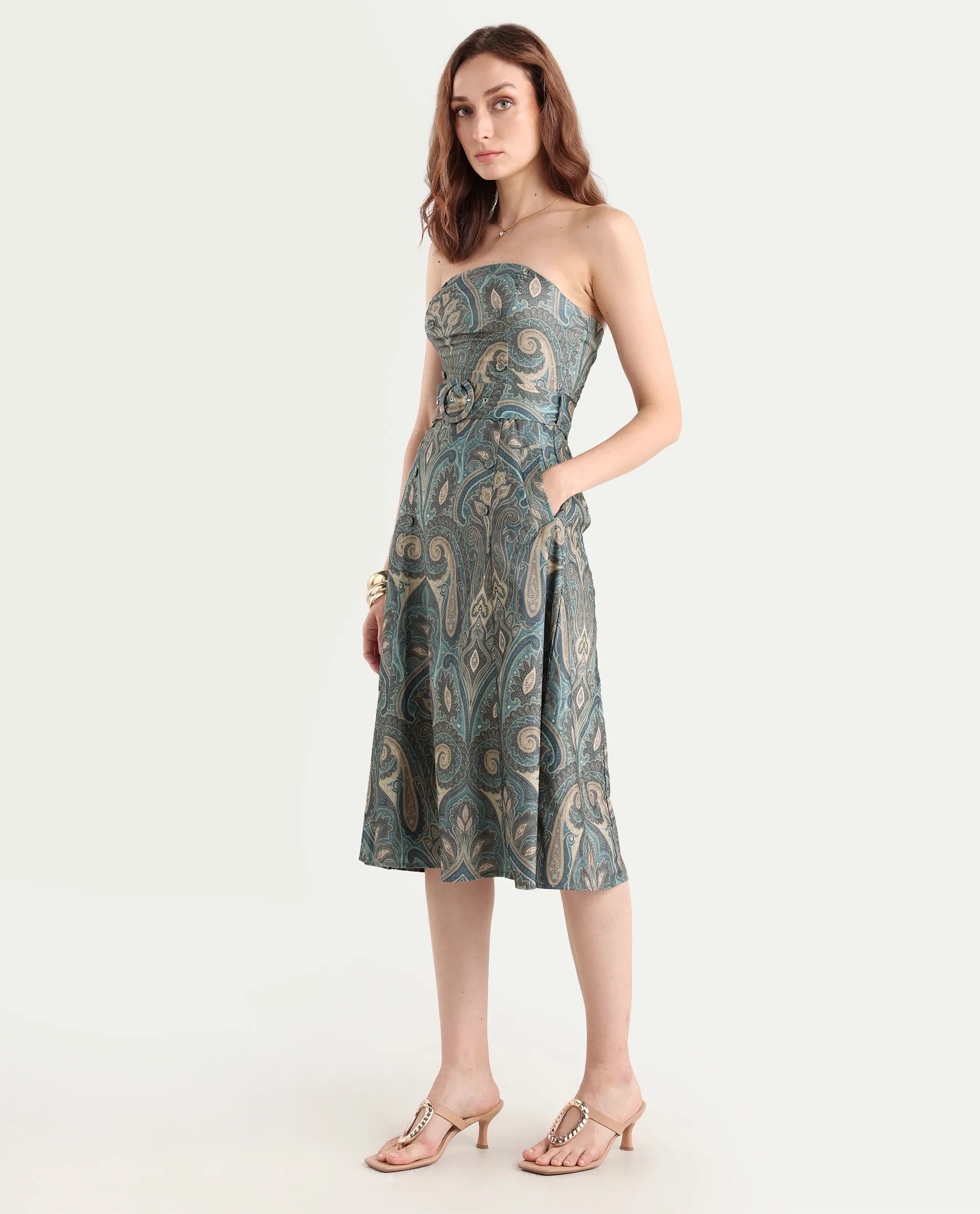 Rareism Women's Croati Multi Cotton Blend Tube Neck Paisley Print Sleeveless Midi Flared Dress
