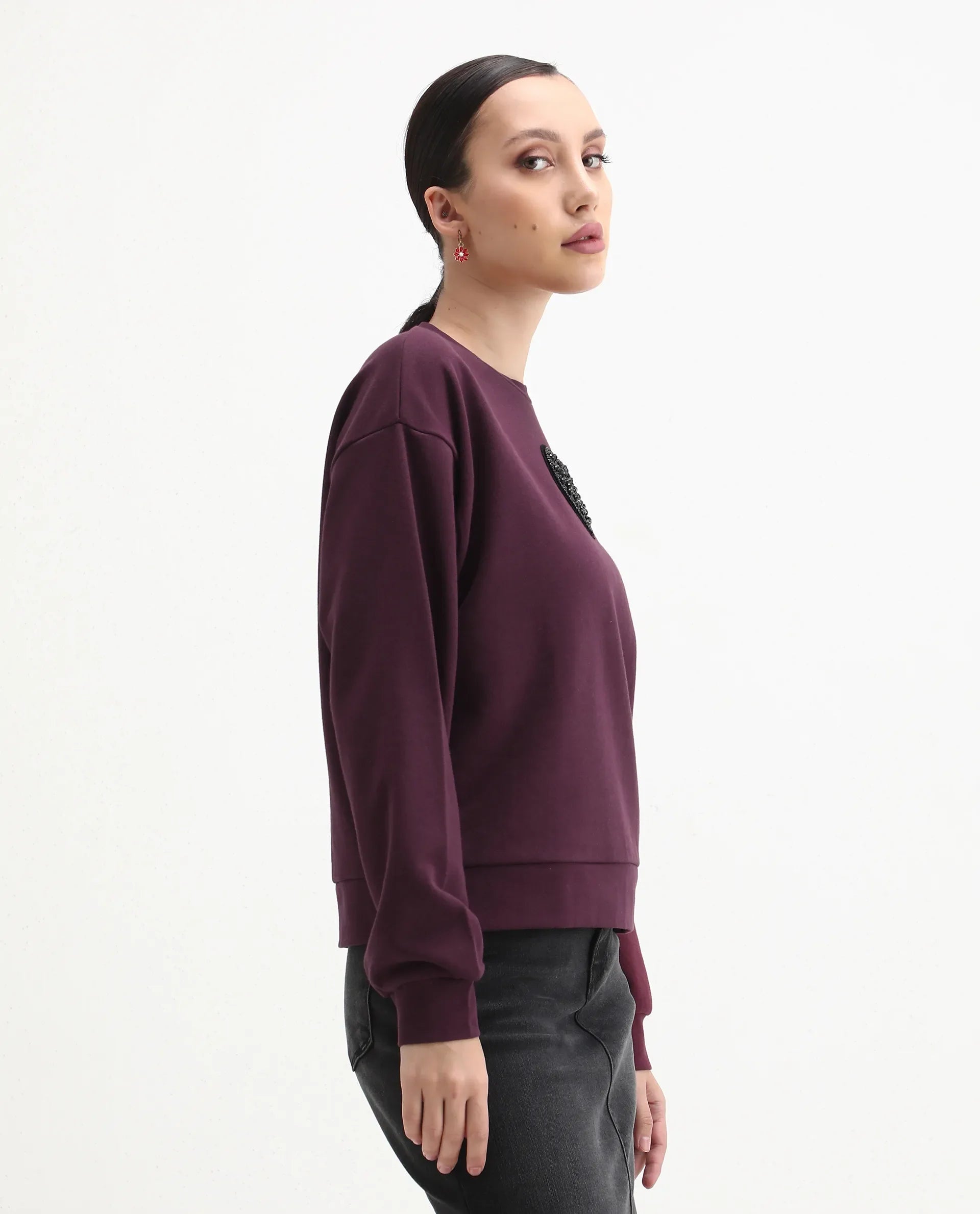 Rareism Women's Cros Dark Maroon Cotton Blend Crew Neck Regular Fit Printed Sweatshirt