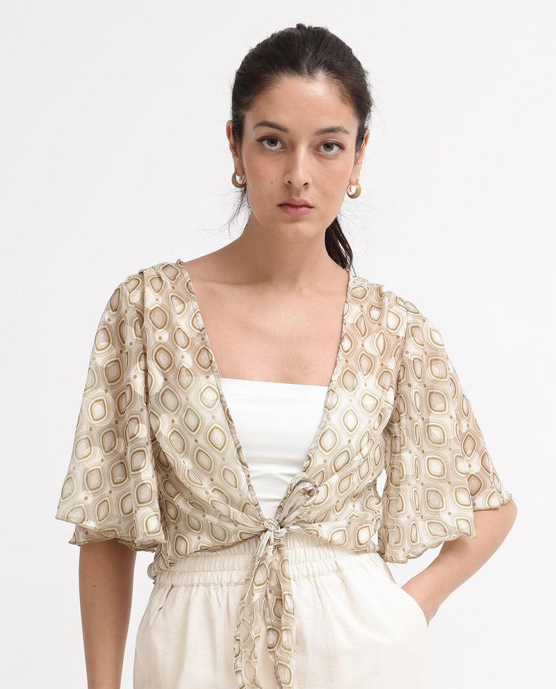 Rareism Women Crotone Light Beige Ruffled Sleeves Collarless Relaxed Fit Geometric Print Cropped Top