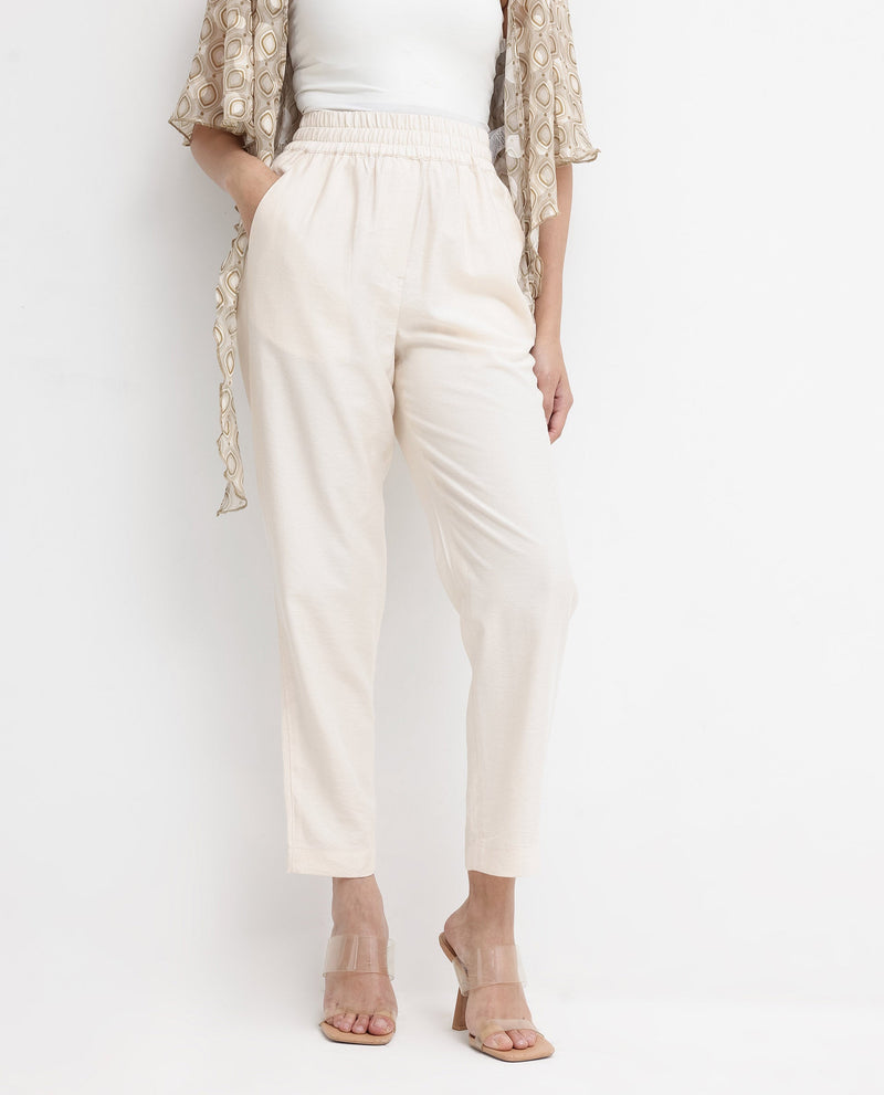 Rareism Women Chant-B Beige Polyester Fabric Zipper Closure Plain Trousers