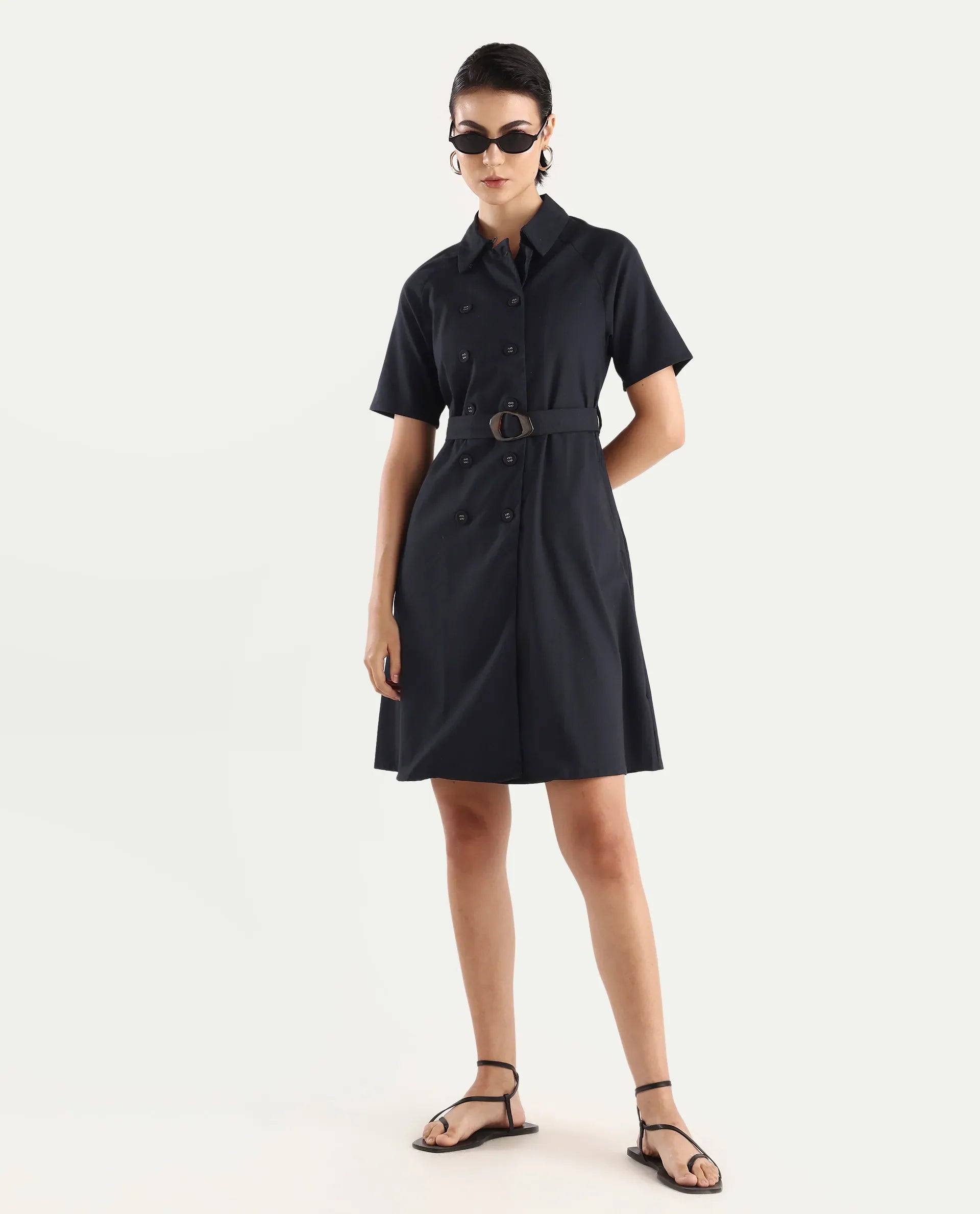 Rareism Women's Crypty Navy Polyester Blend Drop Collar Plain Knee Length A-Line Dress