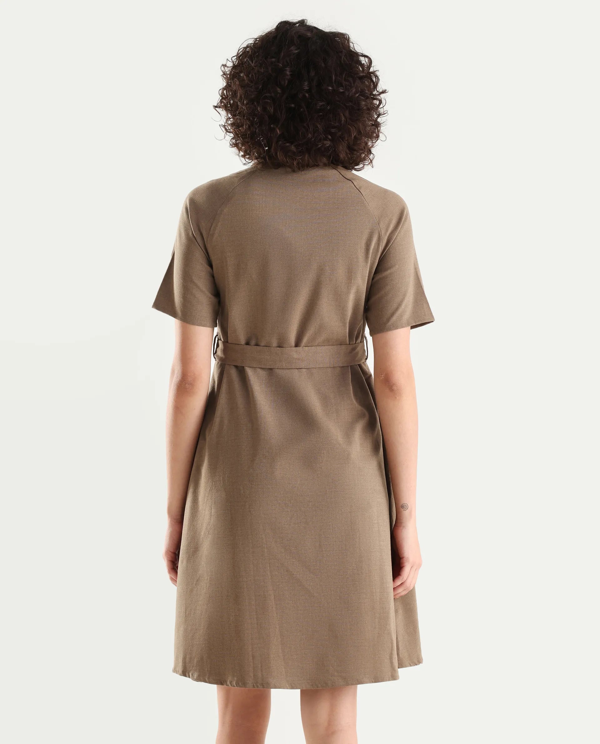 Rareism Women's Polyester Blend Drop Collar Plain Knee Length A-Line Dress