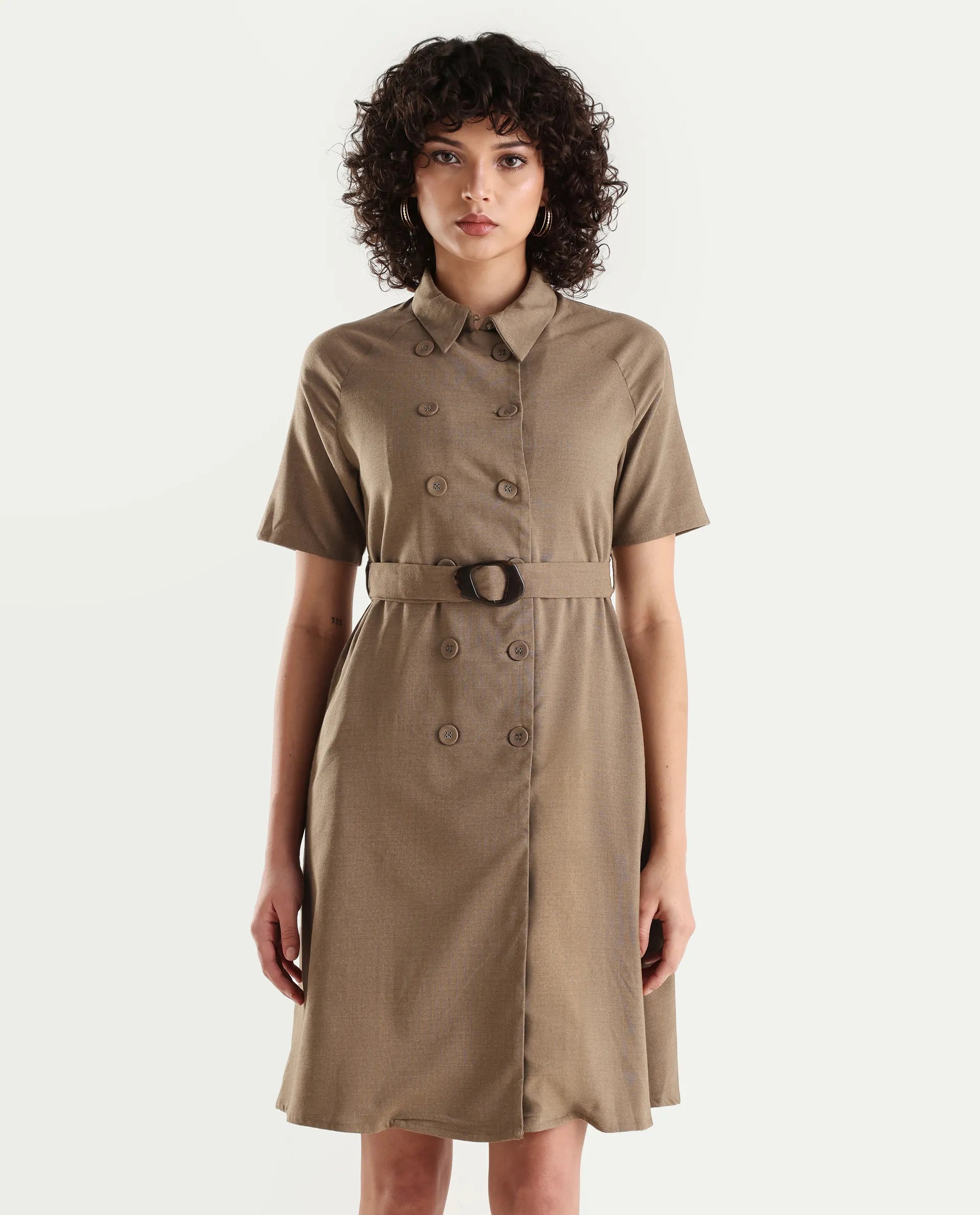 Rareism Women's Polyester Blend Drop Collar Plain Knee Length A-Line Dress