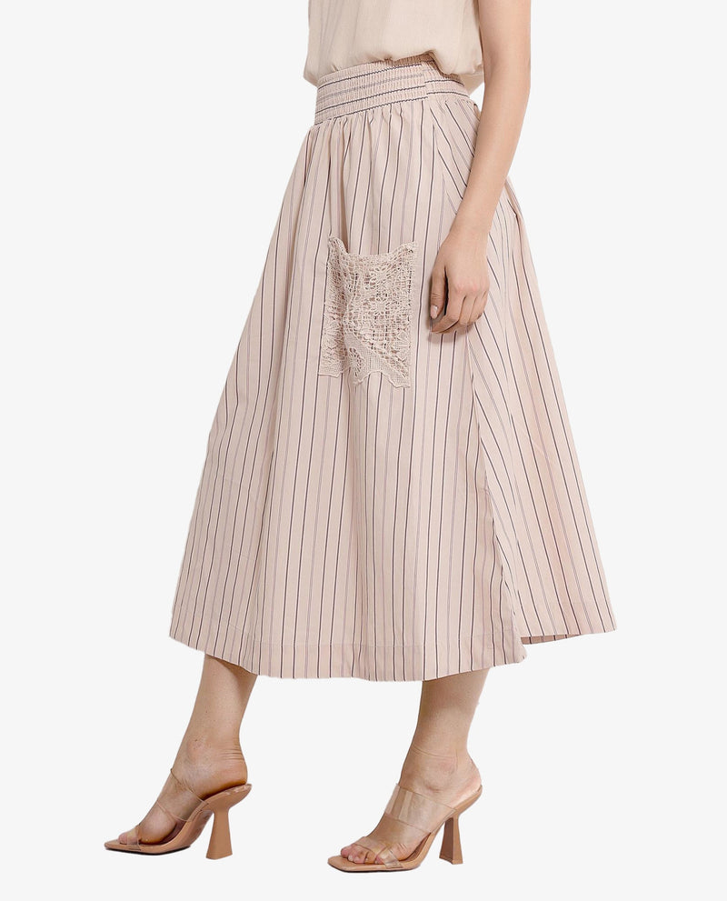 Rareism Women Cuba-B Light Beige Cotton Fabric Stripe Ankle Length Skirt