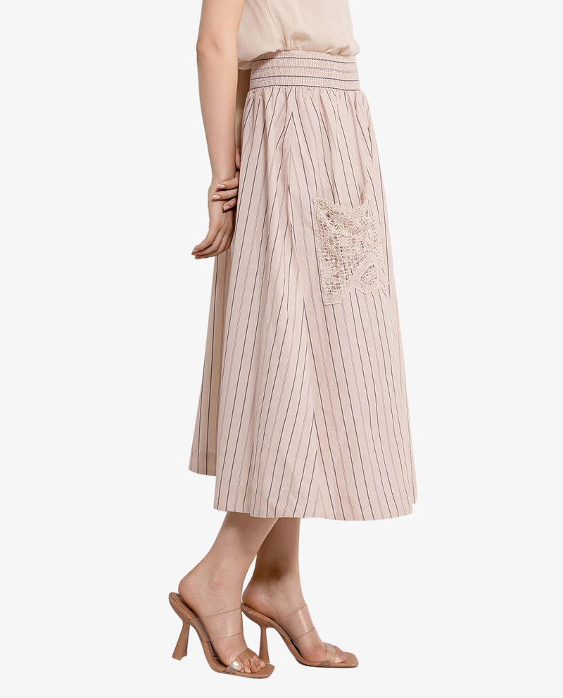 Rareism Women Cuba-B Light Beige Cotton Fabric Stripe Ankle Length Skirt