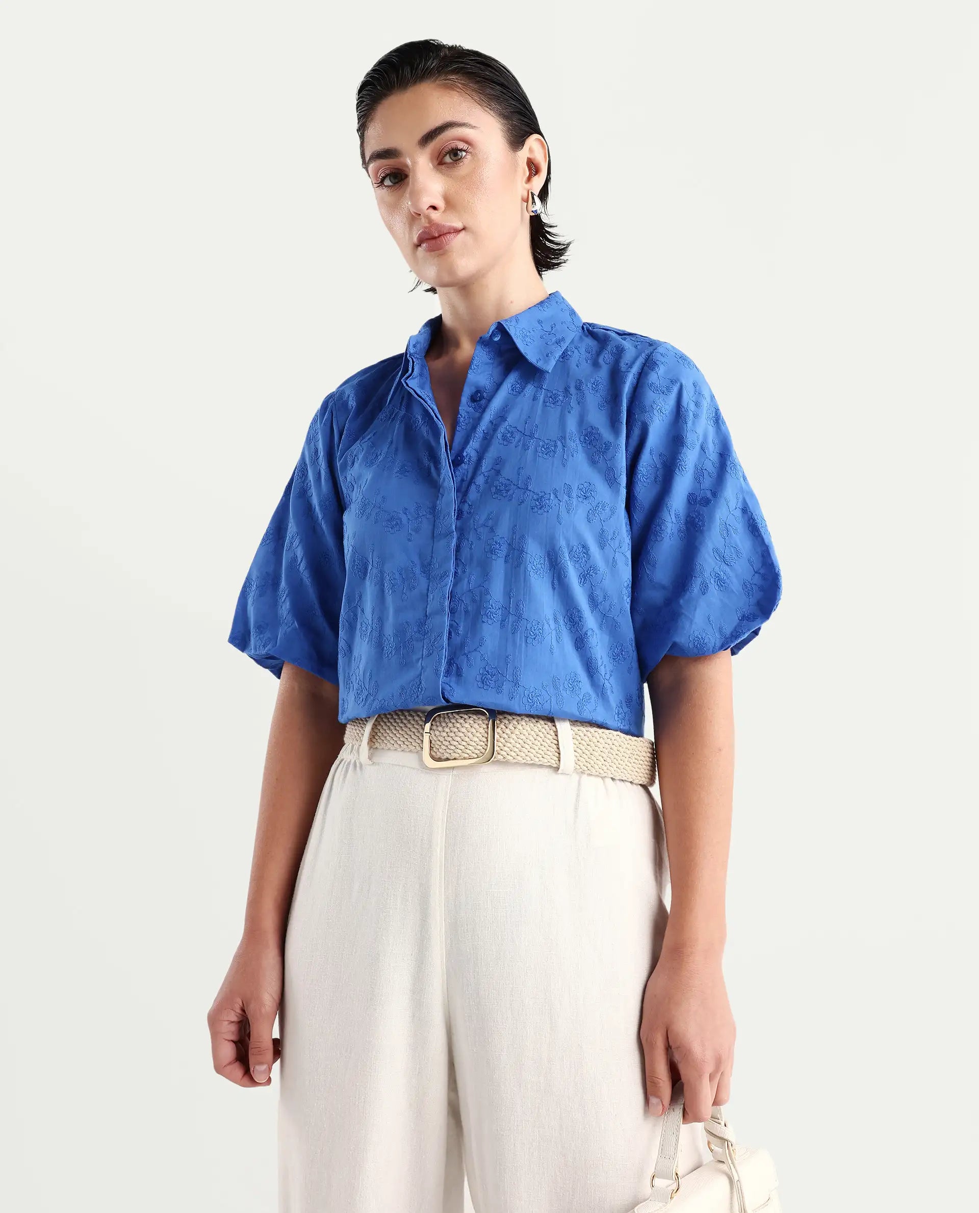 Rareism Women's Cuire Blue Cotton Drop Collar Embroidered Balloon Sleeve Regular Fit Shirt
