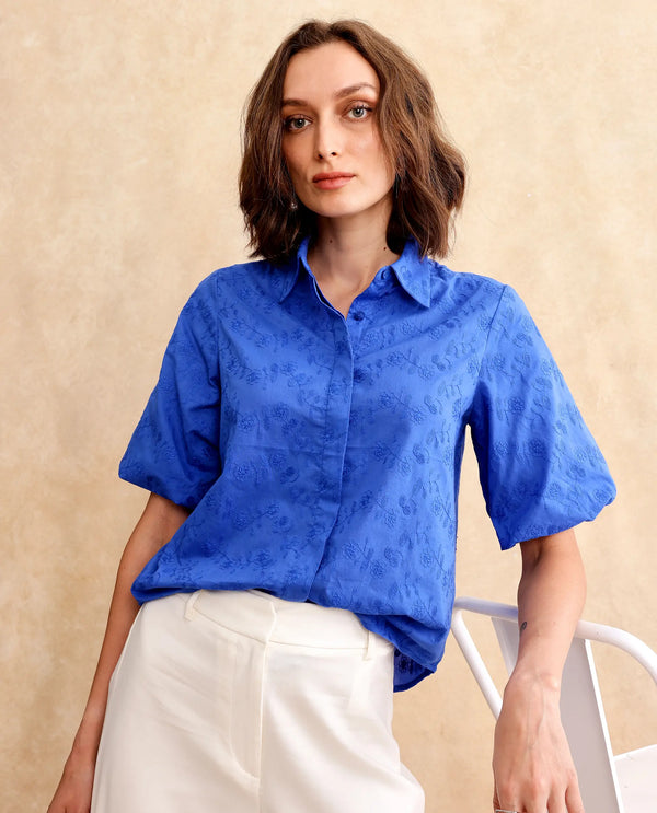 Rareism Women Cuire Blue Balloon Sleeve Collared Neck Button Closure Regular Fit Plain Shirt