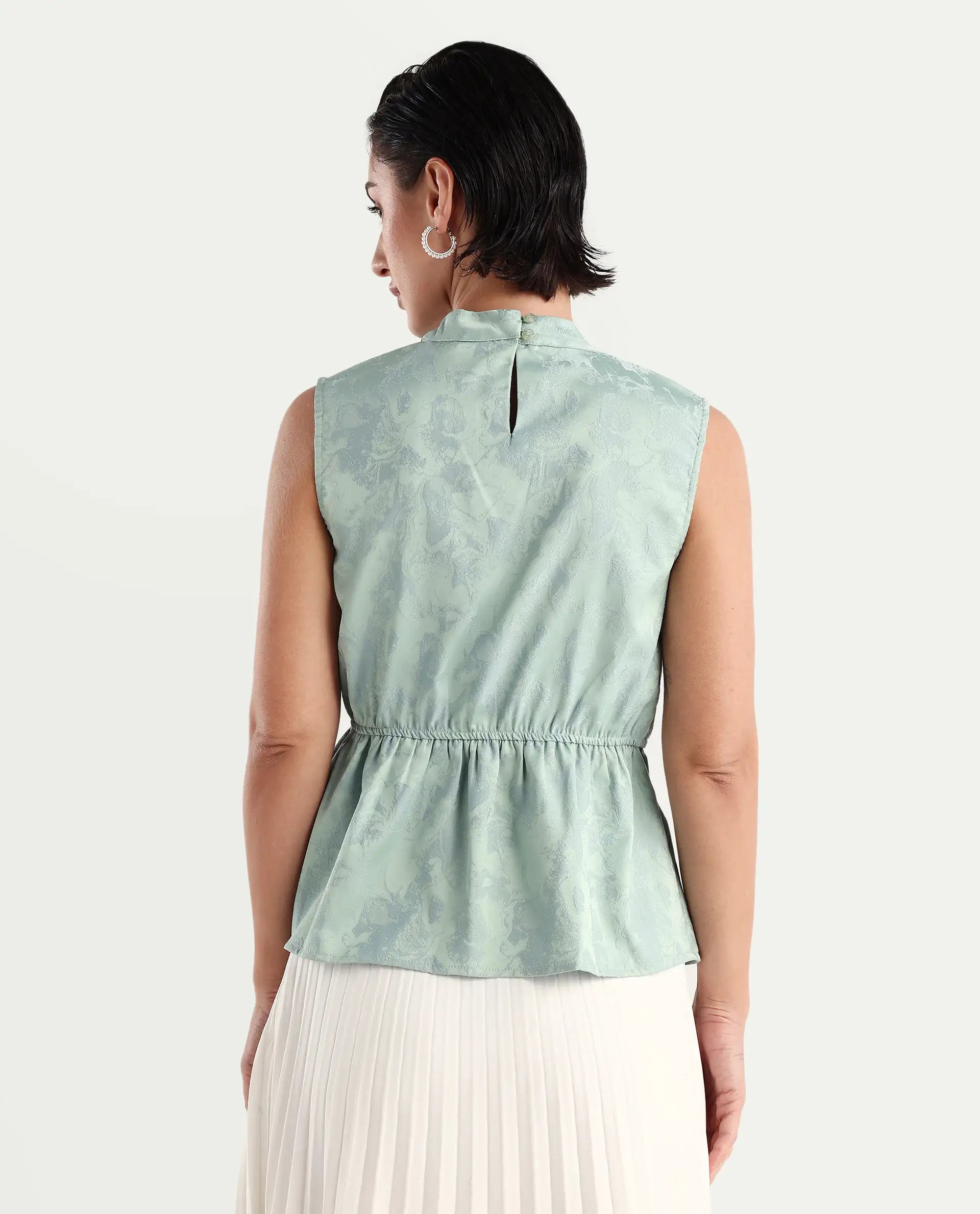 Rareism Women's Cupid Light Blue Polyester Cutaway Collar Plain Sleeveless Regular Fit Top