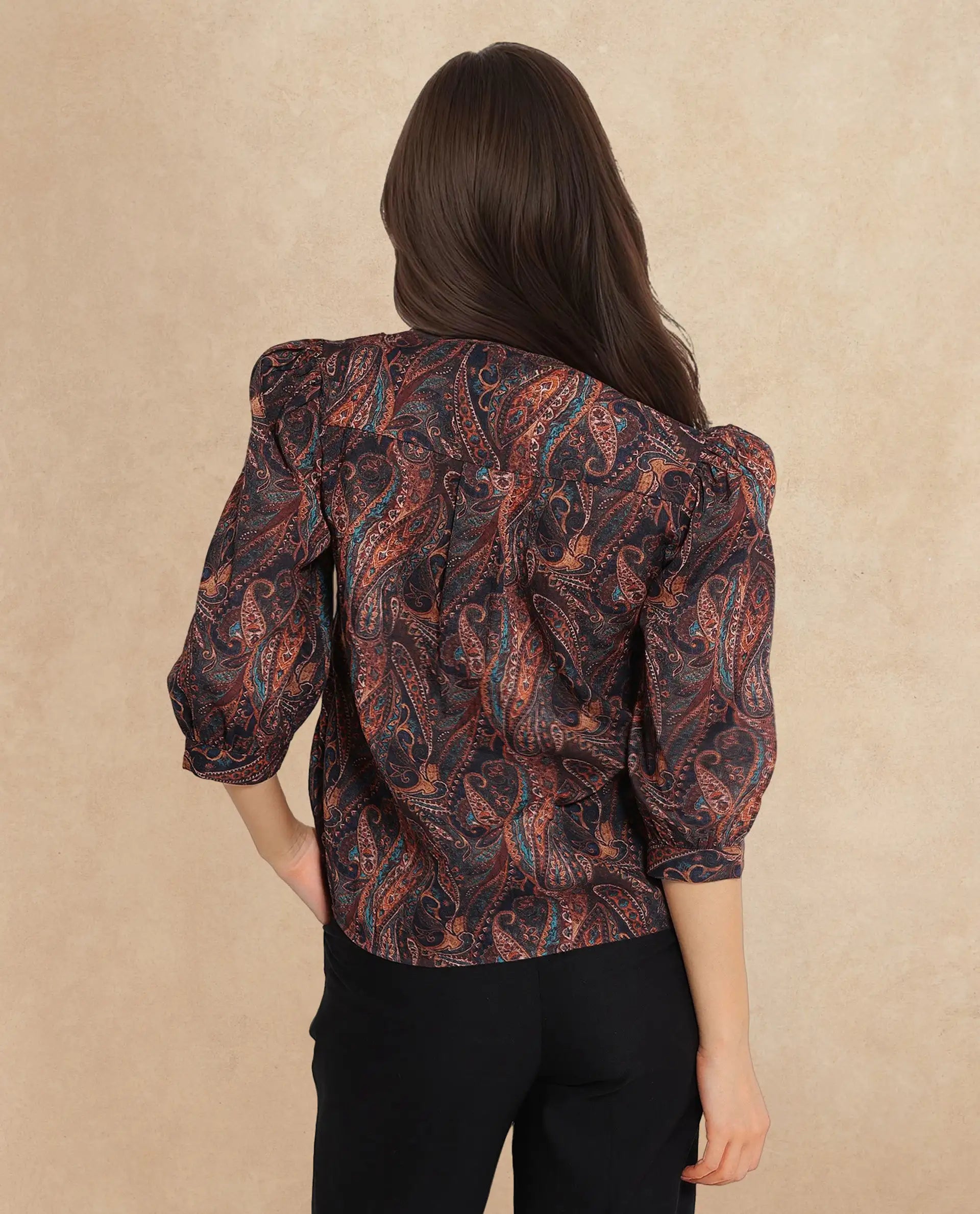 Rareism Women's Cyak Multi Cotton Blend V-Neck Paisley Print Puff Sleeves Regular Fit Top