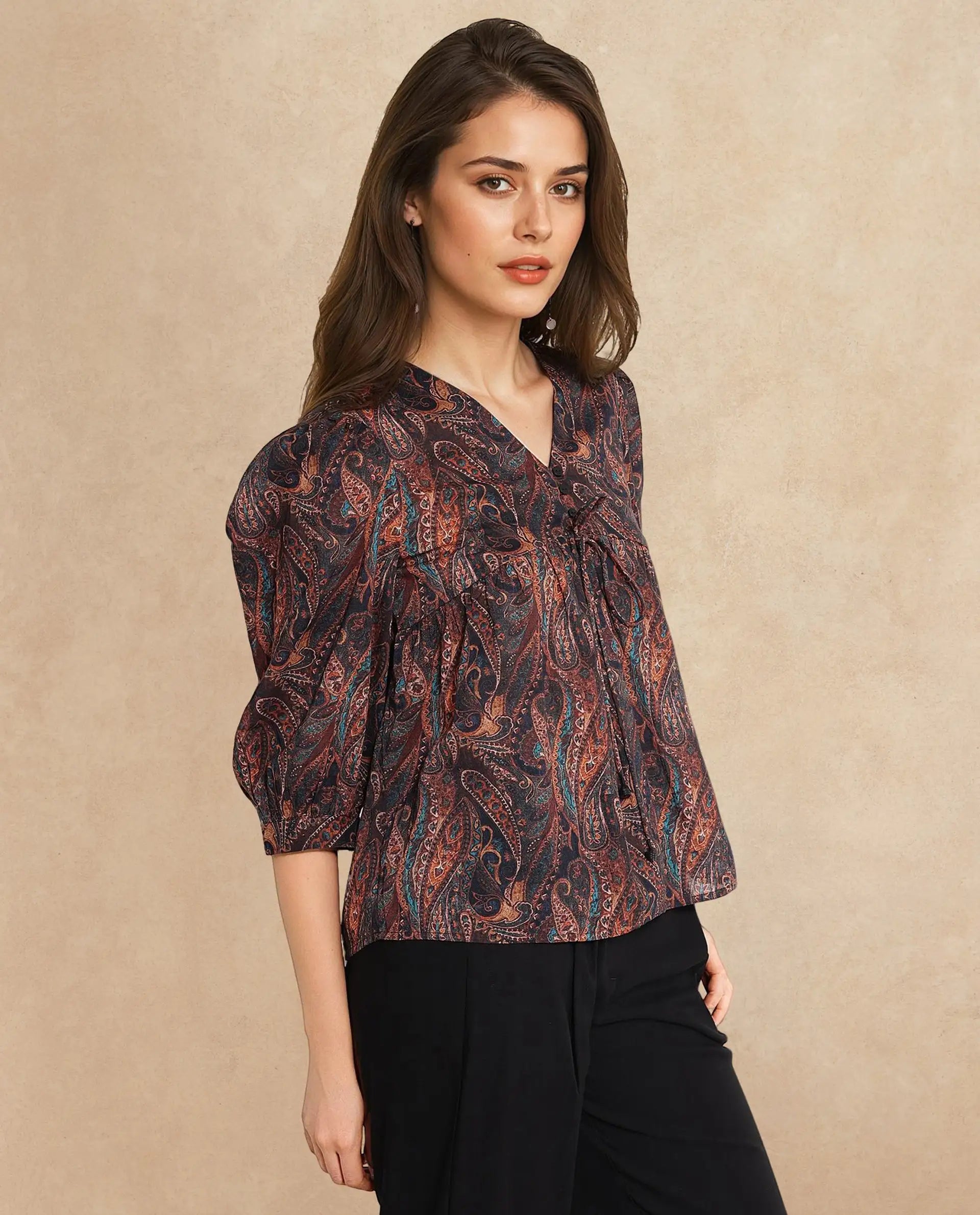 Rareism Women's Cyak Multi Cotton Blend V-Neck Paisley Print Puff Sleeves Regular Fit Top