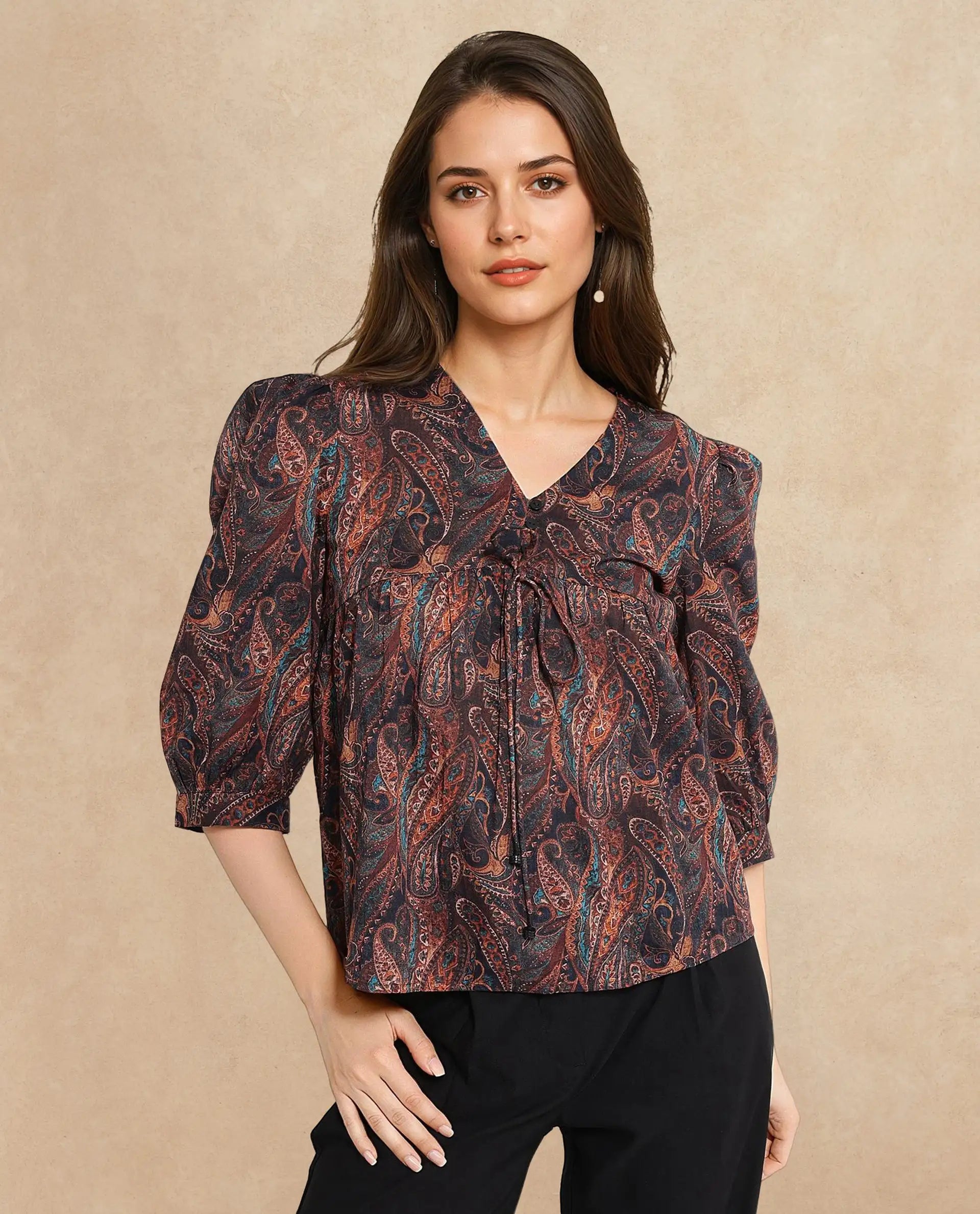 Rareism Women's Cyak Multi Cotton Blend V-Neck Paisley Print Puff Sleeves Regular Fit Top