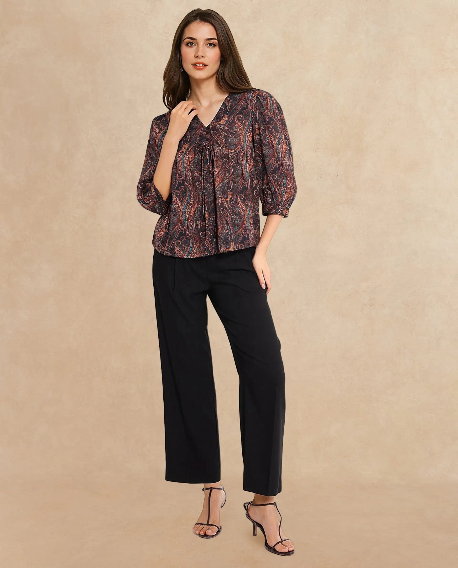 Rareism Women's Cyak Multi Cotton Blend V-Neck Paisley Print Puff Sleeves Regular Fit Top