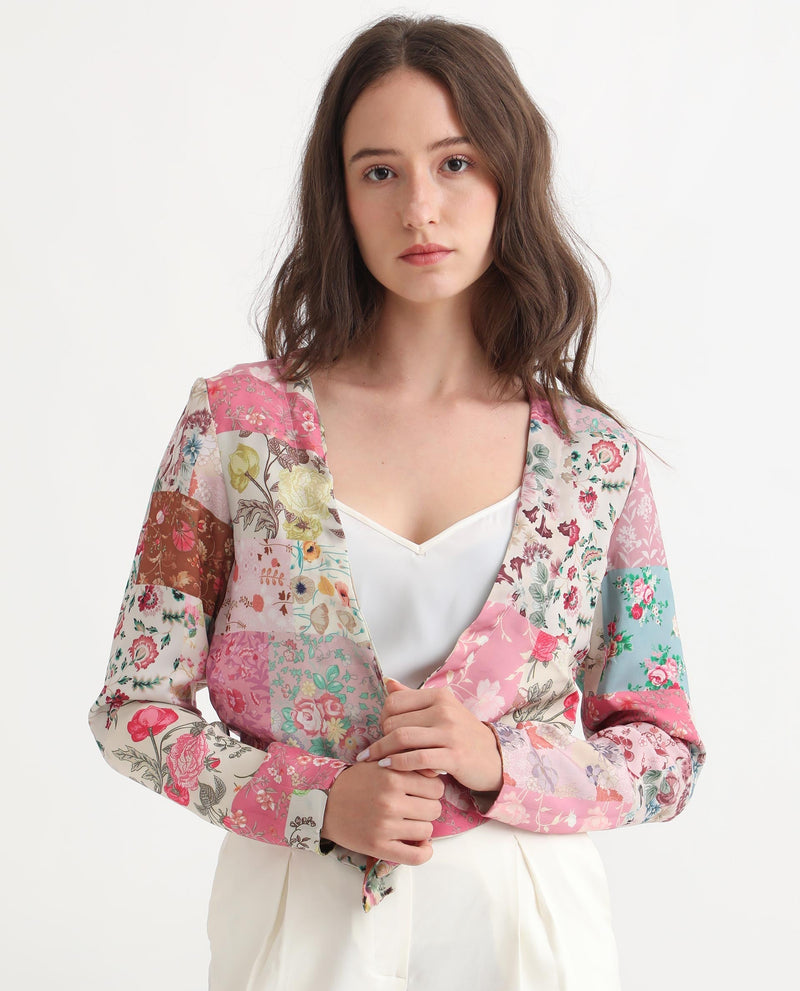 Rareism Women Cyan Beige Polyester Fabric Full Sleeves Regular Fit Floral Print Shrug