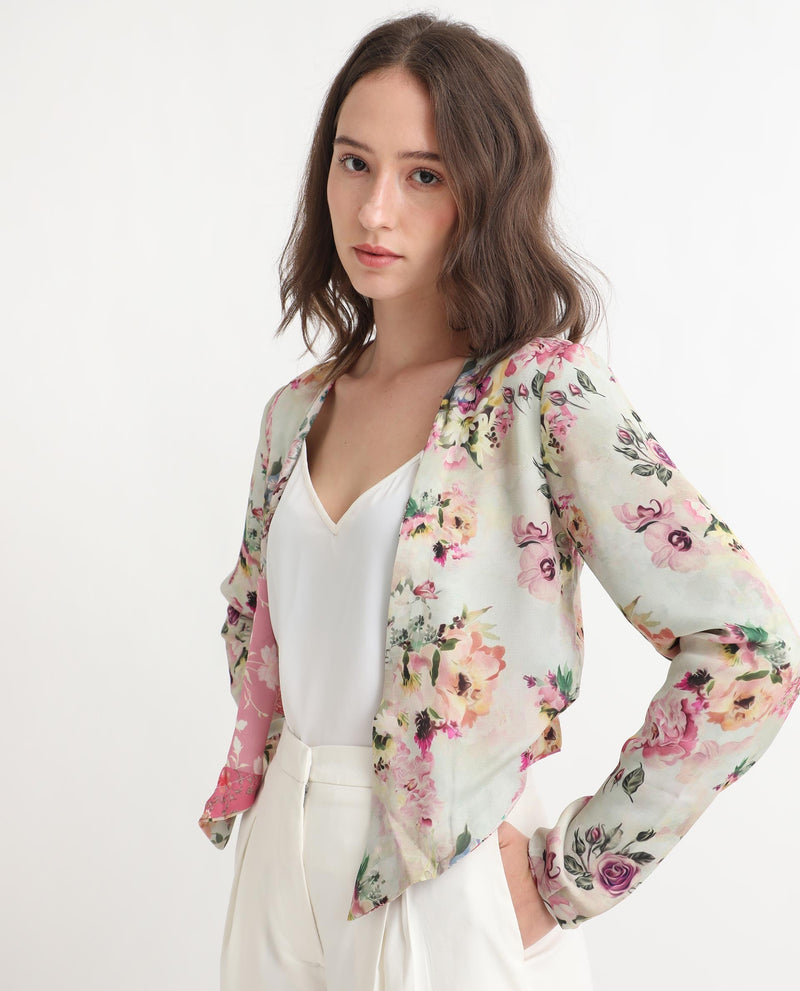 Rareism Women Cyan Beige Polyester Fabric Full Sleeves Regular Fit Floral Print Shrug