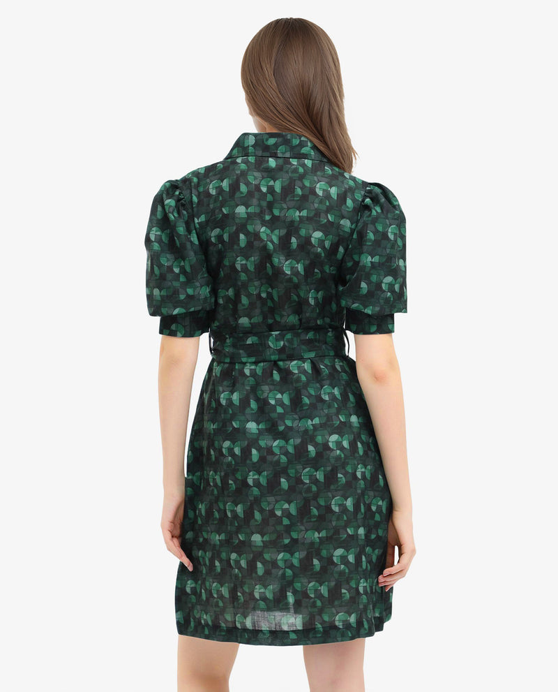 Rareism Women Cynthia Dark Green Linen Fabric Geometric Print Collared Dress In Linen